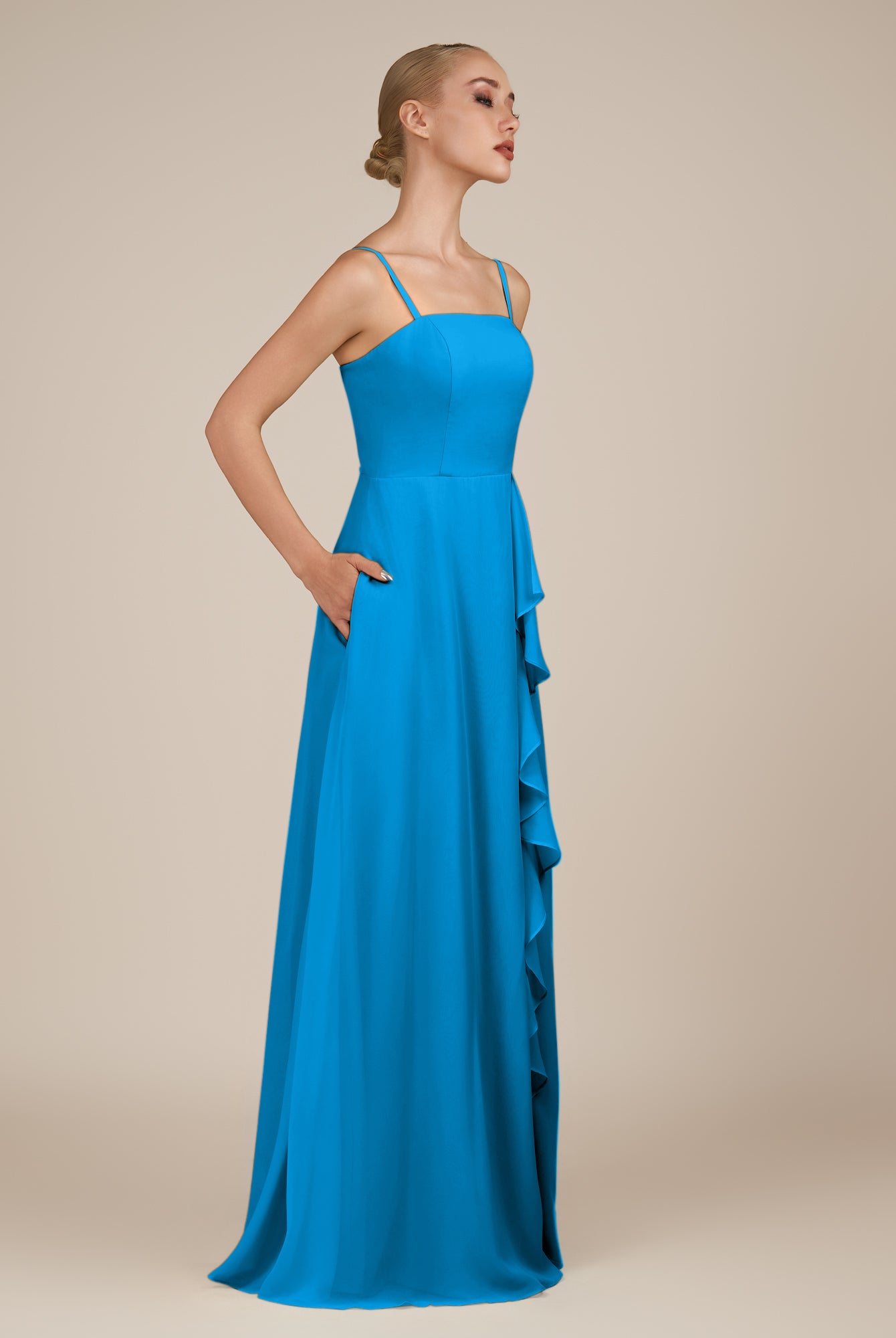 KissDress-Queniva Blue Jay Sheath Chiffon Spaghetti Straps Ruffles Long Bridesmaid Dress with Slit