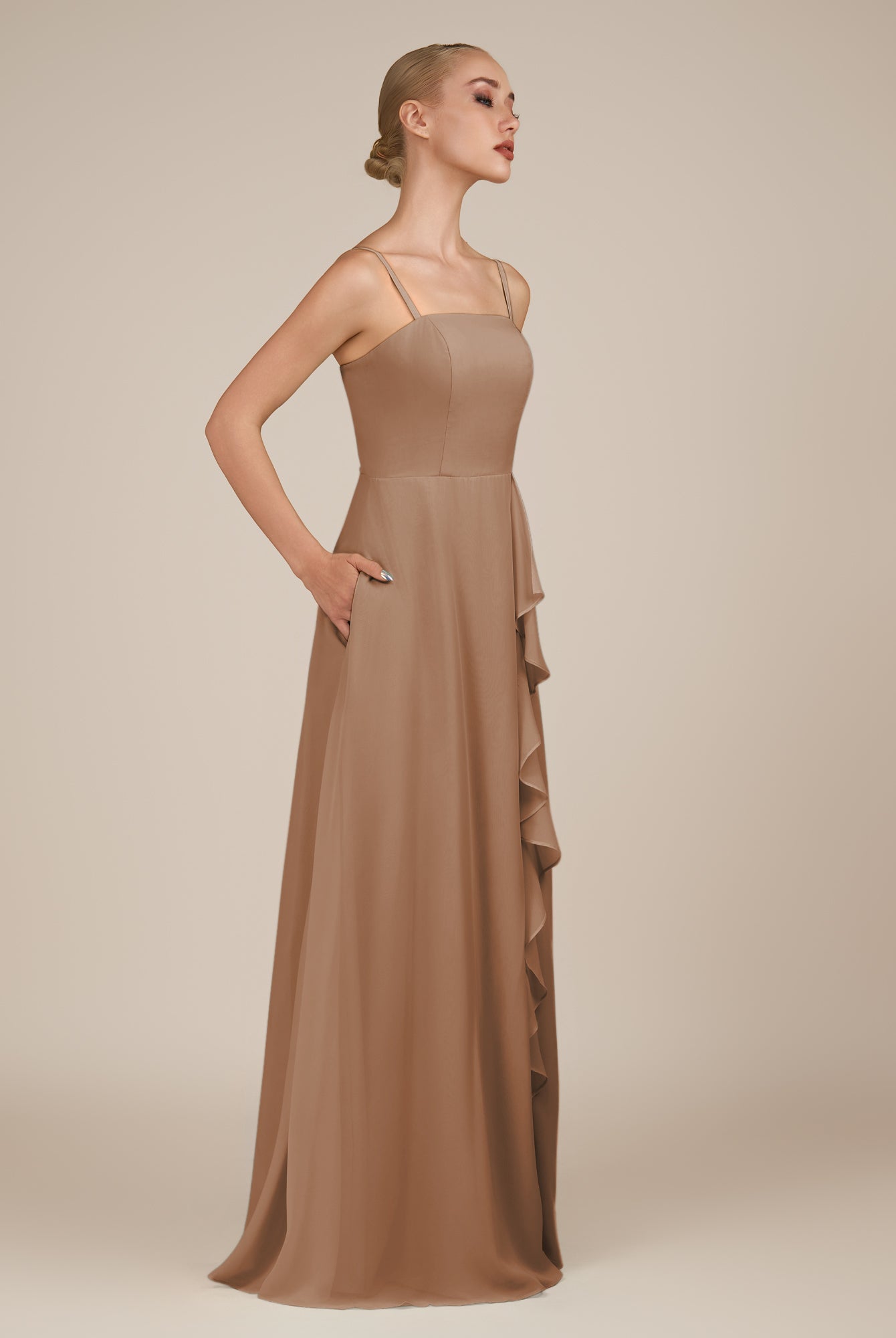KissDress-Queniva Bronzer Sheath Chiffon Spaghetti Straps Ruffles Long Bridesmaid Dress with Slit