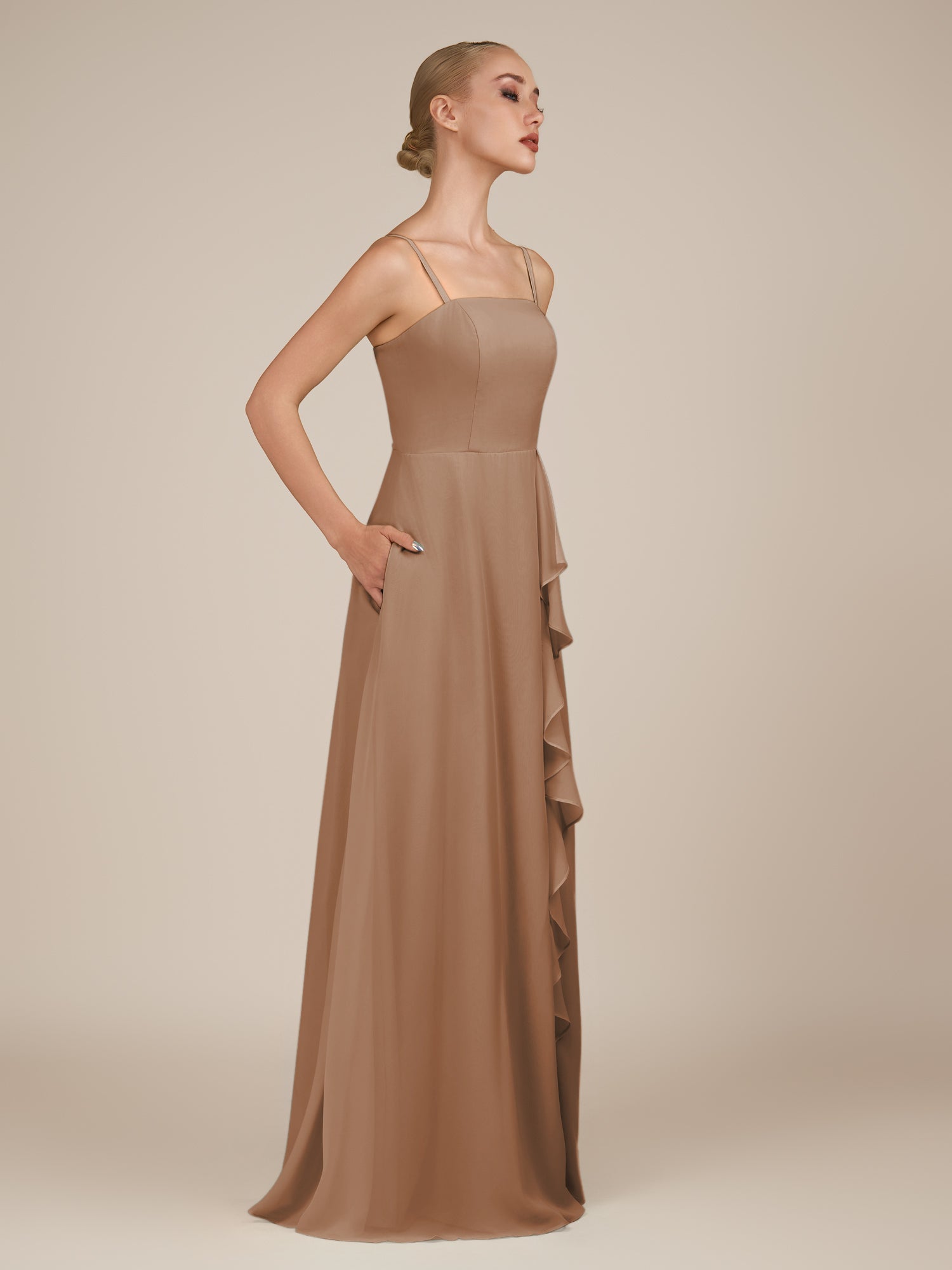 KissDress-Queniva Bronzer Sheath Chiffon Spaghetti Straps Ruffles Long Bridesmaid Dress with Slit