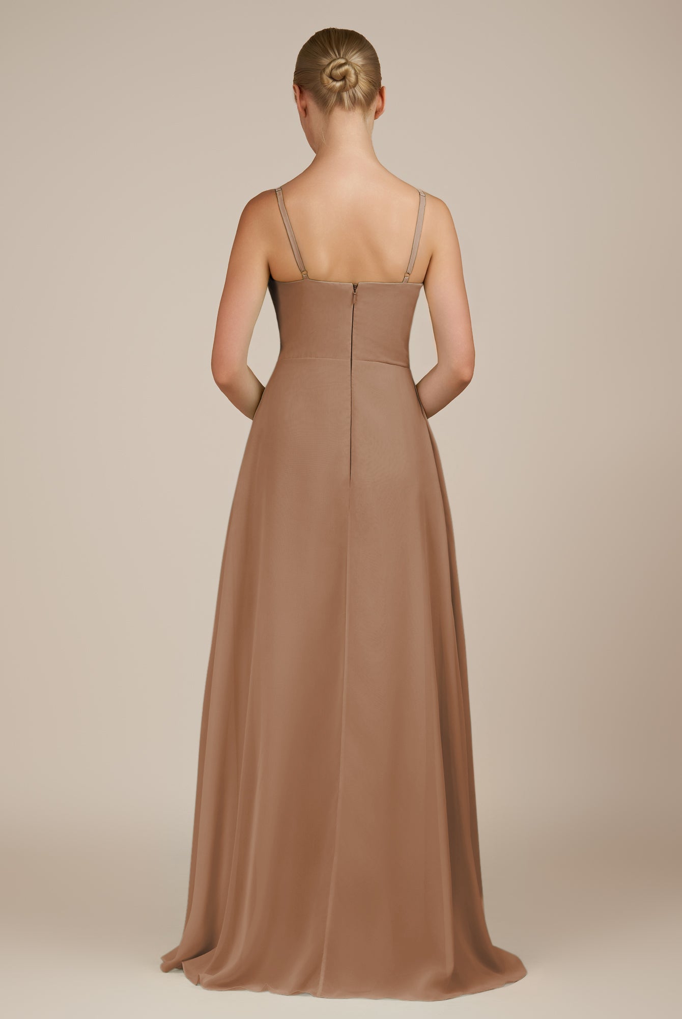 KissDress-Queniva Bronzer Sheath Chiffon Spaghetti Straps Ruffles Long Bridesmaid Dress with Slit