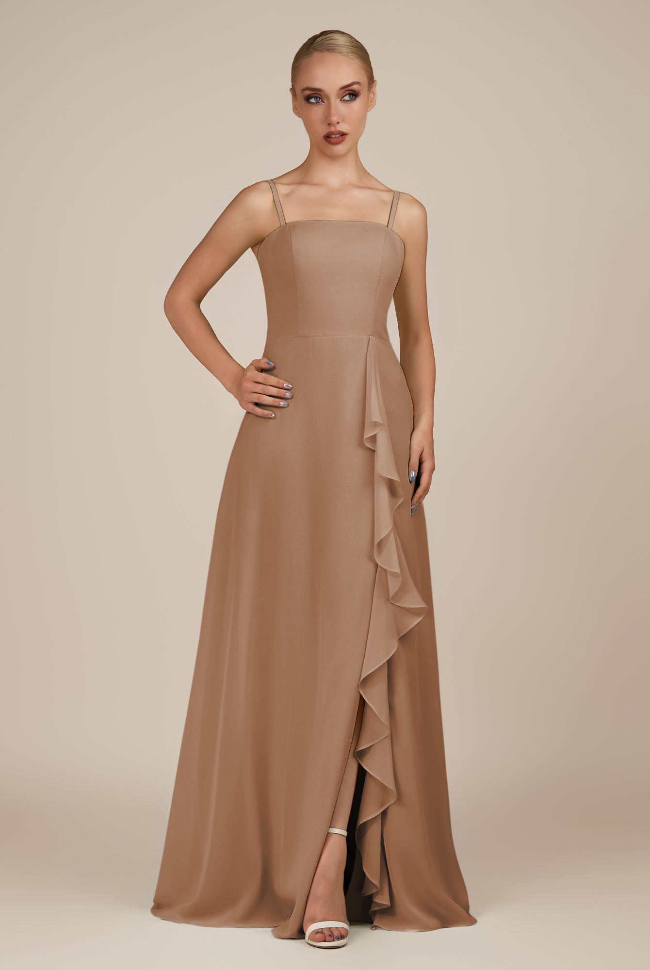 KissDress-Queniva Bronzer Sheath Chiffon Spaghetti Straps Ruffles Long Bridesmaid Dress with Slit