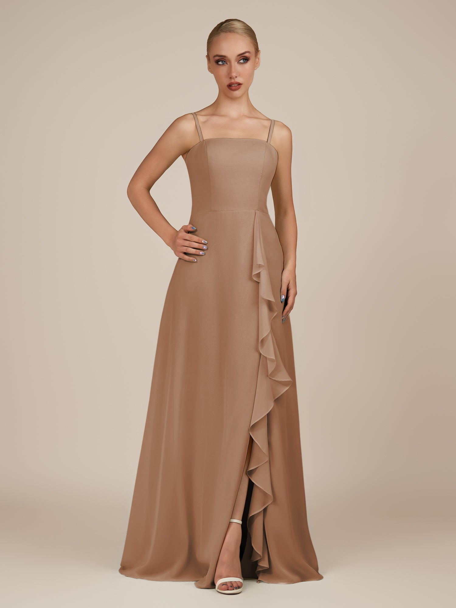 KissDress-Queniva Bronzer Sheath Chiffon Spaghetti Straps Ruffles Long Bridesmaid Dress with Slit