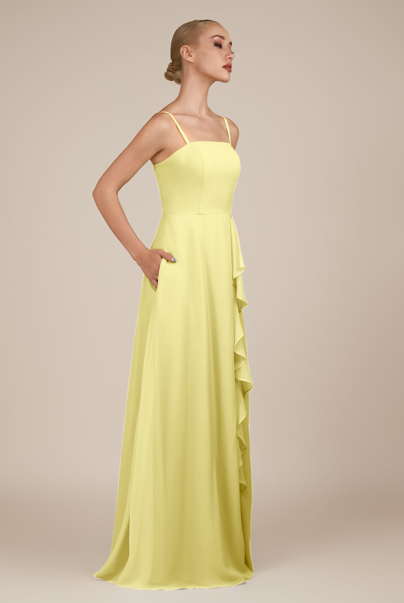 KissDress-Queniva Buttercup Sheath Chiffon Spaghetti Straps Ruffles Long Bridesmaid Dress with Slit
