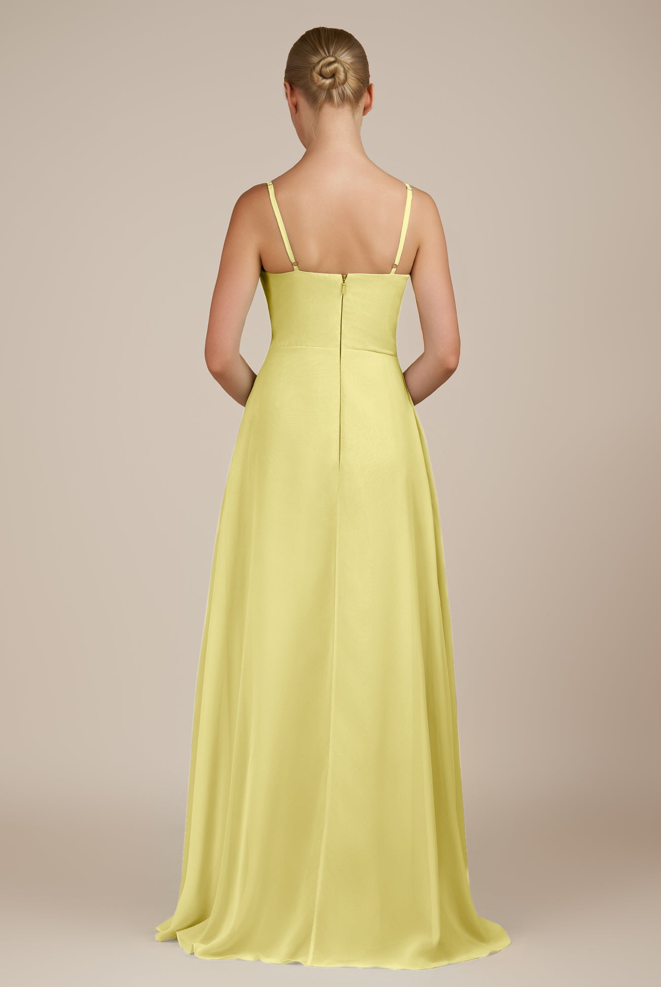 KissDress-Queniva Buttercup Sheath Chiffon Spaghetti Straps Ruffles Long Bridesmaid Dress with Slit