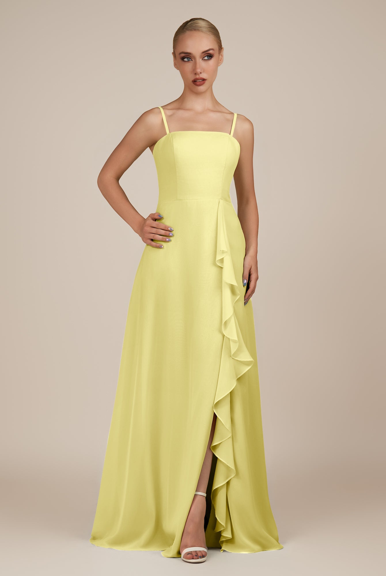 KissDress-Queniva Buttercup Sheath Chiffon Spaghetti Straps Ruffles Long Bridesmaid Dress with Slit