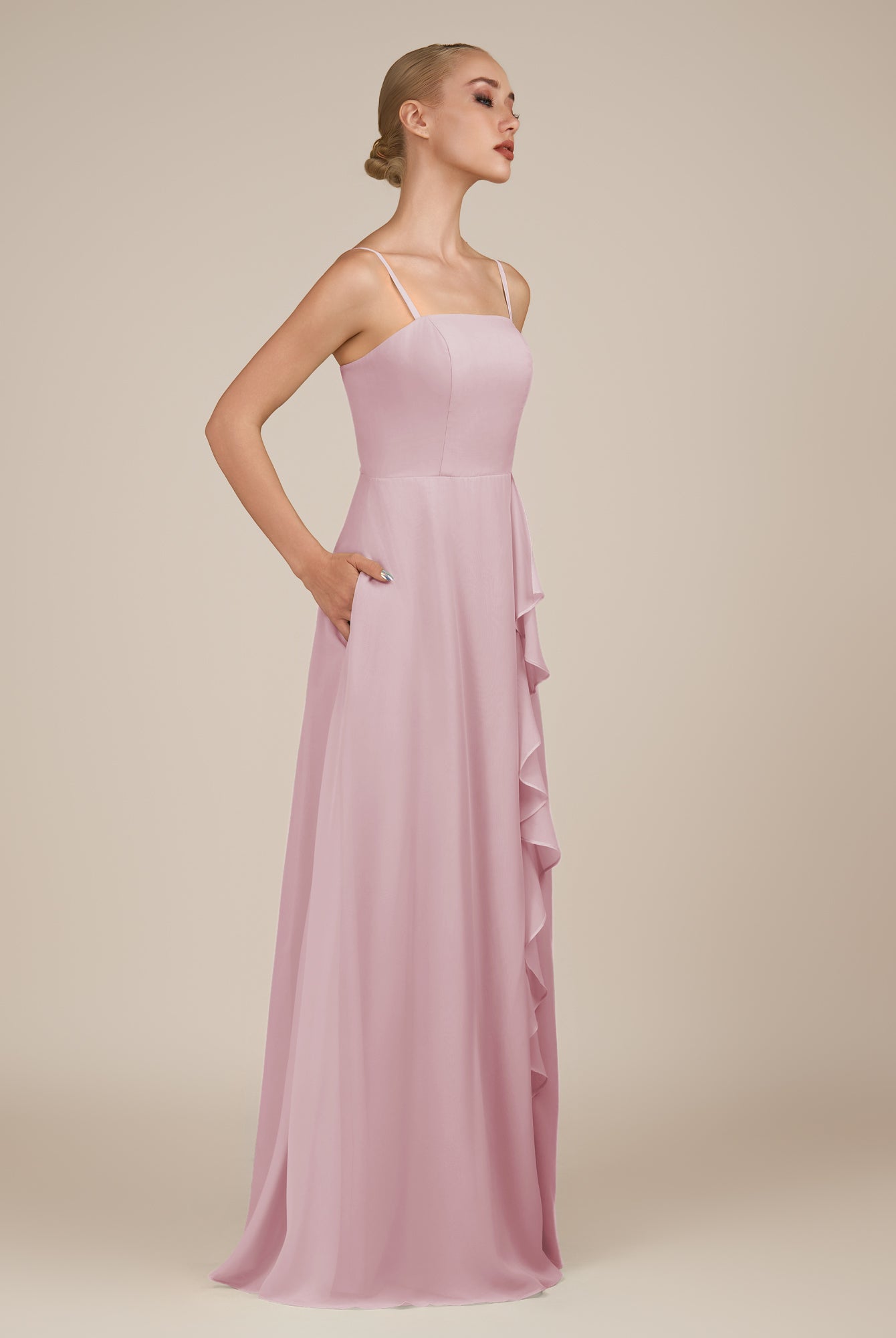 KissDress-Queniva Candy Pink Sheath Chiffon Spaghetti Straps Ruffles Long Bridesmaid Dress with Slit