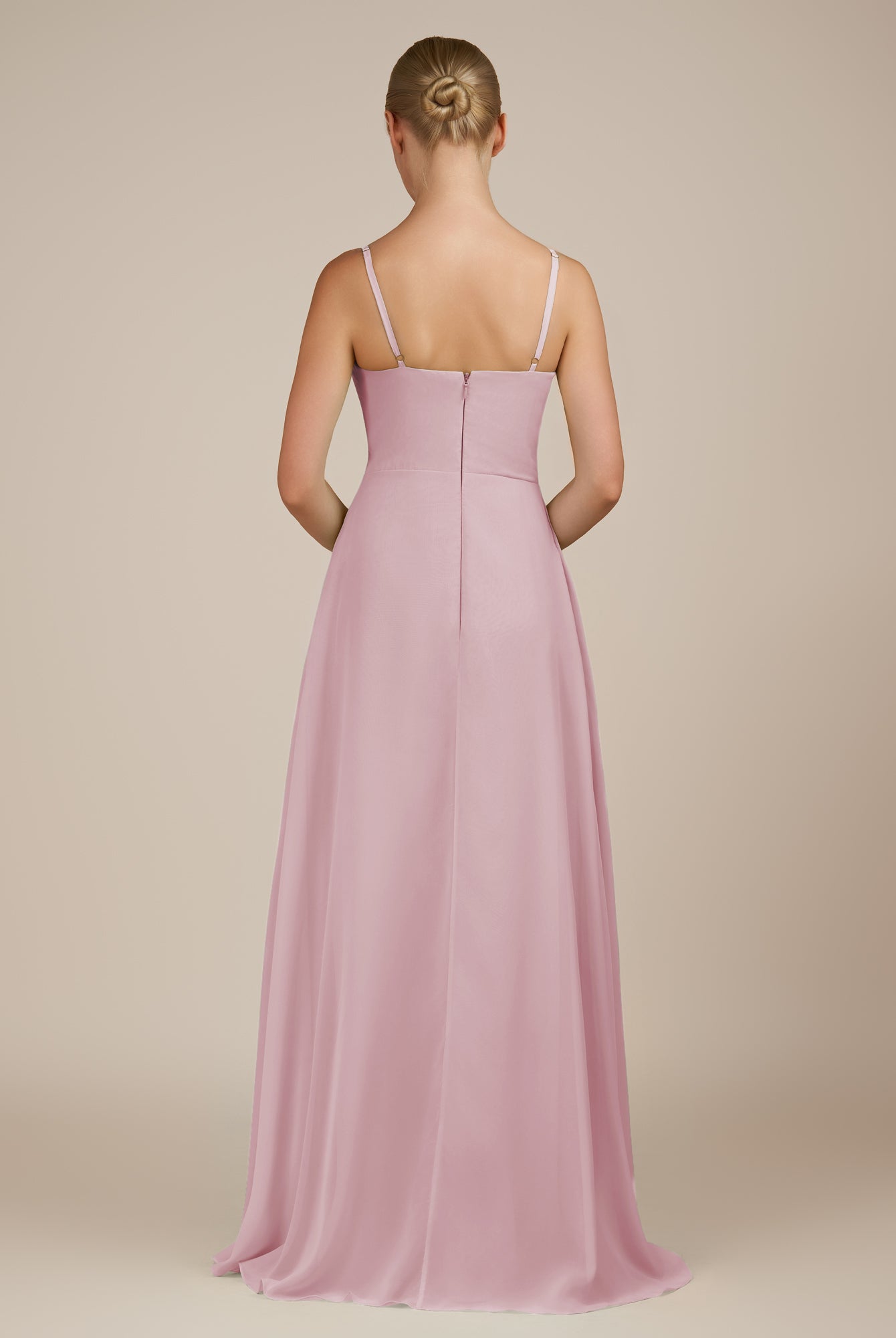 KissDress-Queniva Candy Pink Sheath Chiffon Spaghetti Straps Ruffles Long Bridesmaid Dress with Slit