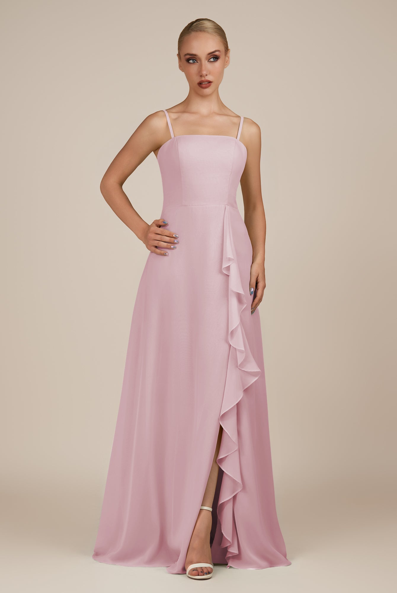 KissDress-Queniva Candy Pink Sheath Chiffon Spaghetti Straps Ruffles Long Bridesmaid Dress with Slit
