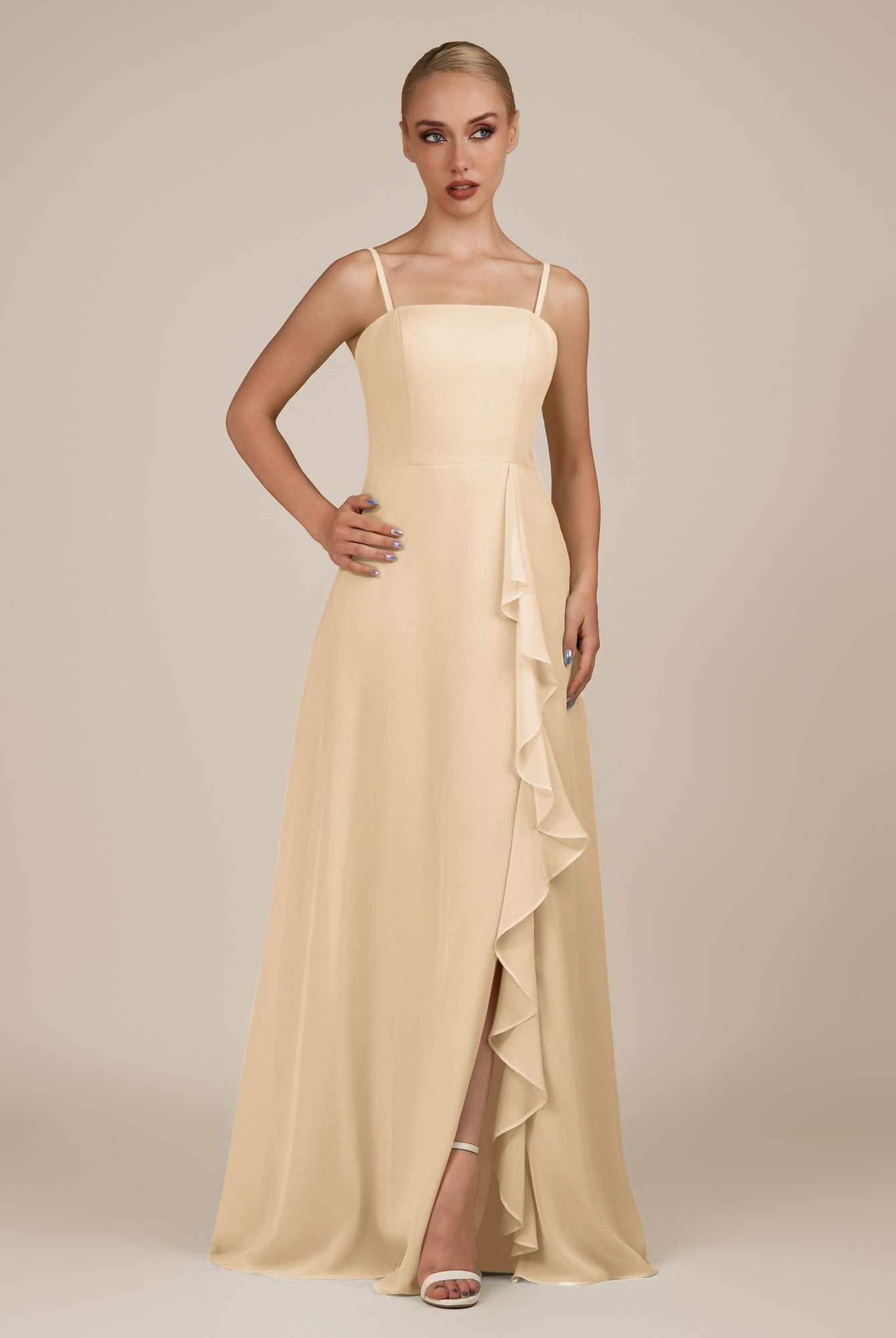 KissDress-Queniva Champagne Sheath Chiffon Spaghetti Straps Ruffles Long Bridesmaid Dress with Slit