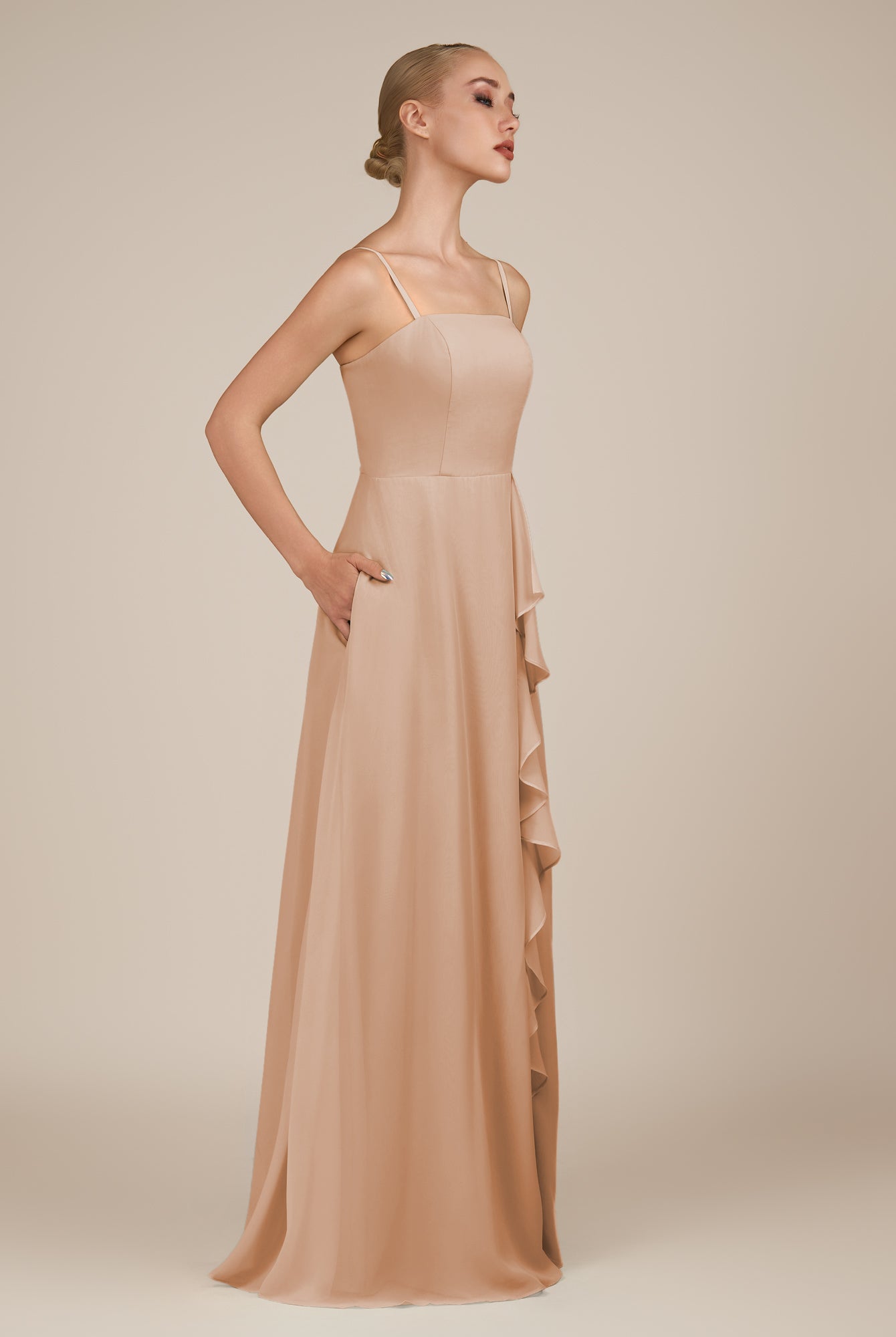 KissDress-Queniva Champagne Rose Sheath Chiffon Spaghetti Straps Ruffles Long Bridesmaid Dress with Slit