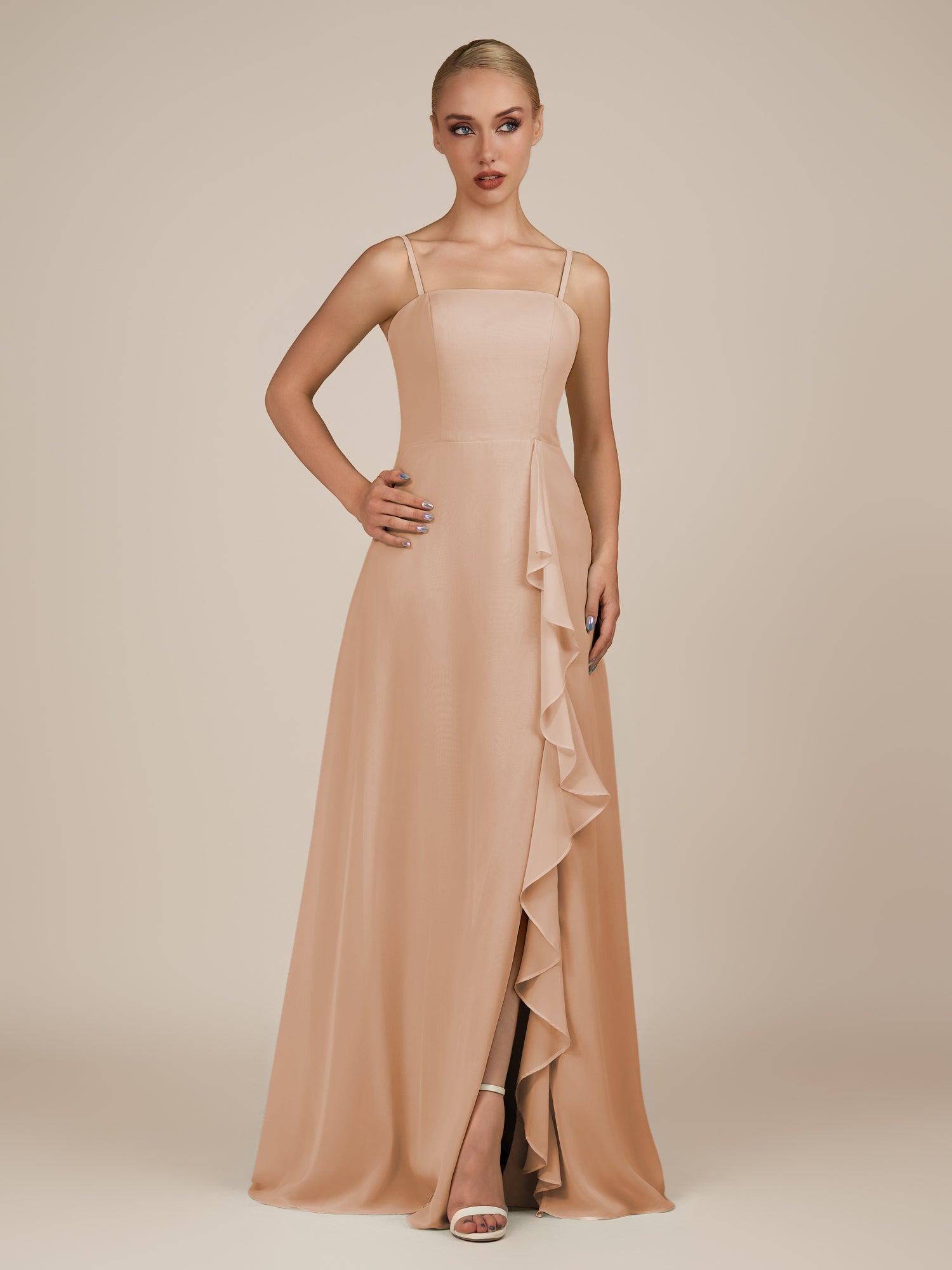 KissDress-Queniva Champagne Rose Sheath Chiffon Spaghetti Straps Ruffles Long Bridesmaid Dress with Slit