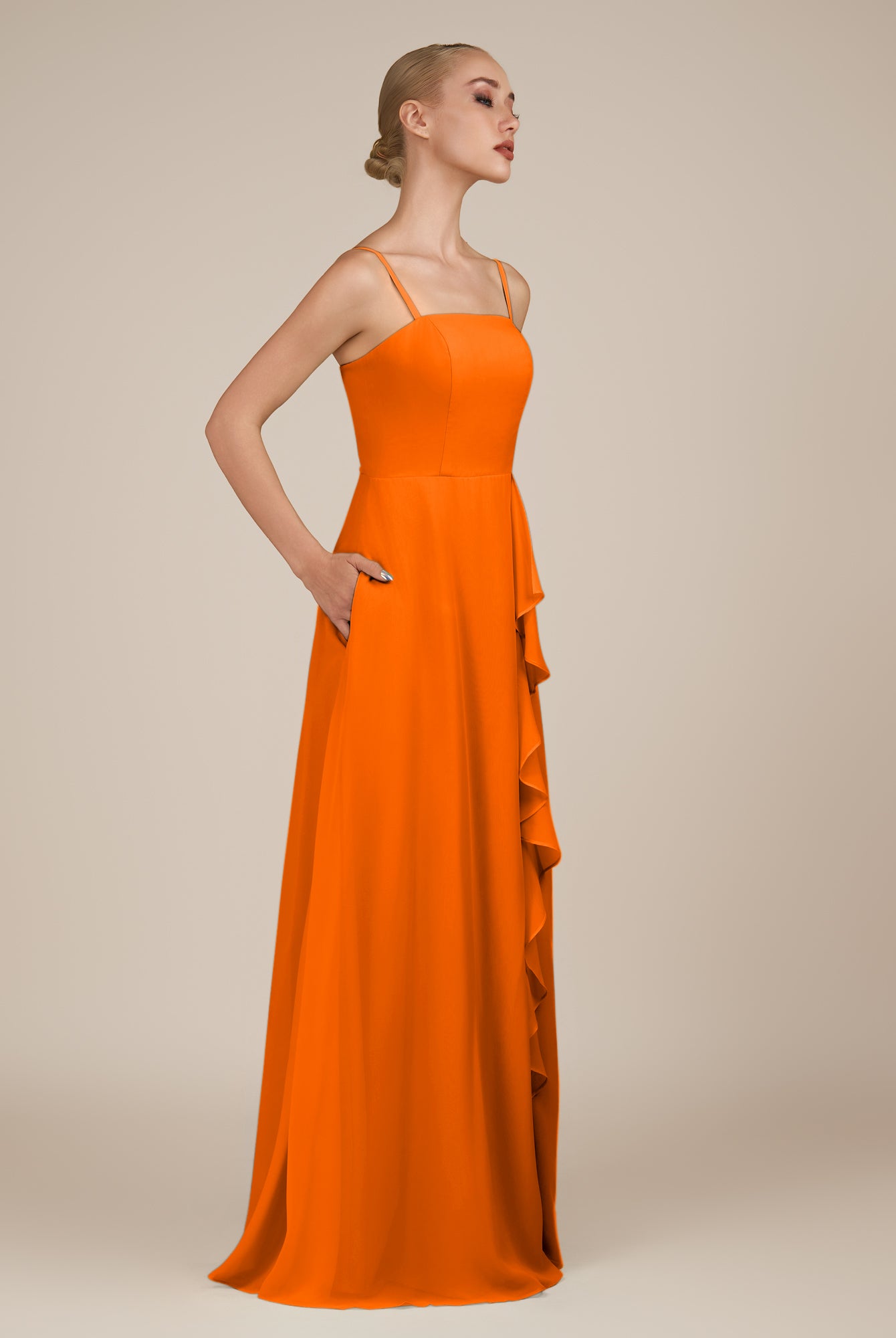 KissDress-Queniva Cinnamon Sheath Chiffon Spaghetti Straps Ruffles Long Bridesmaid Dress with Slit