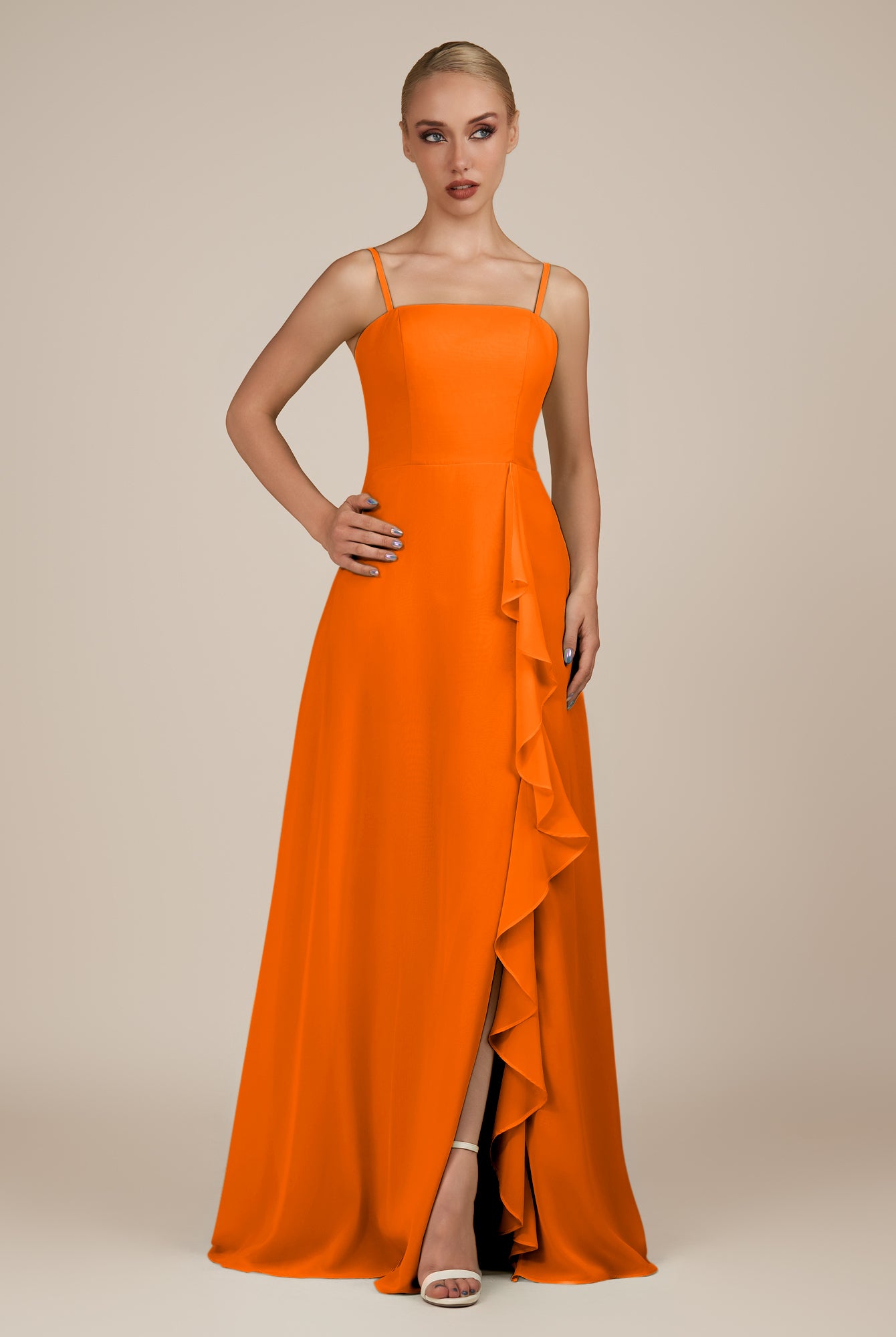 KissDress-Queniva Cinnamon Sheath Chiffon Spaghetti Straps Ruffles Long Bridesmaid Dress with Slit