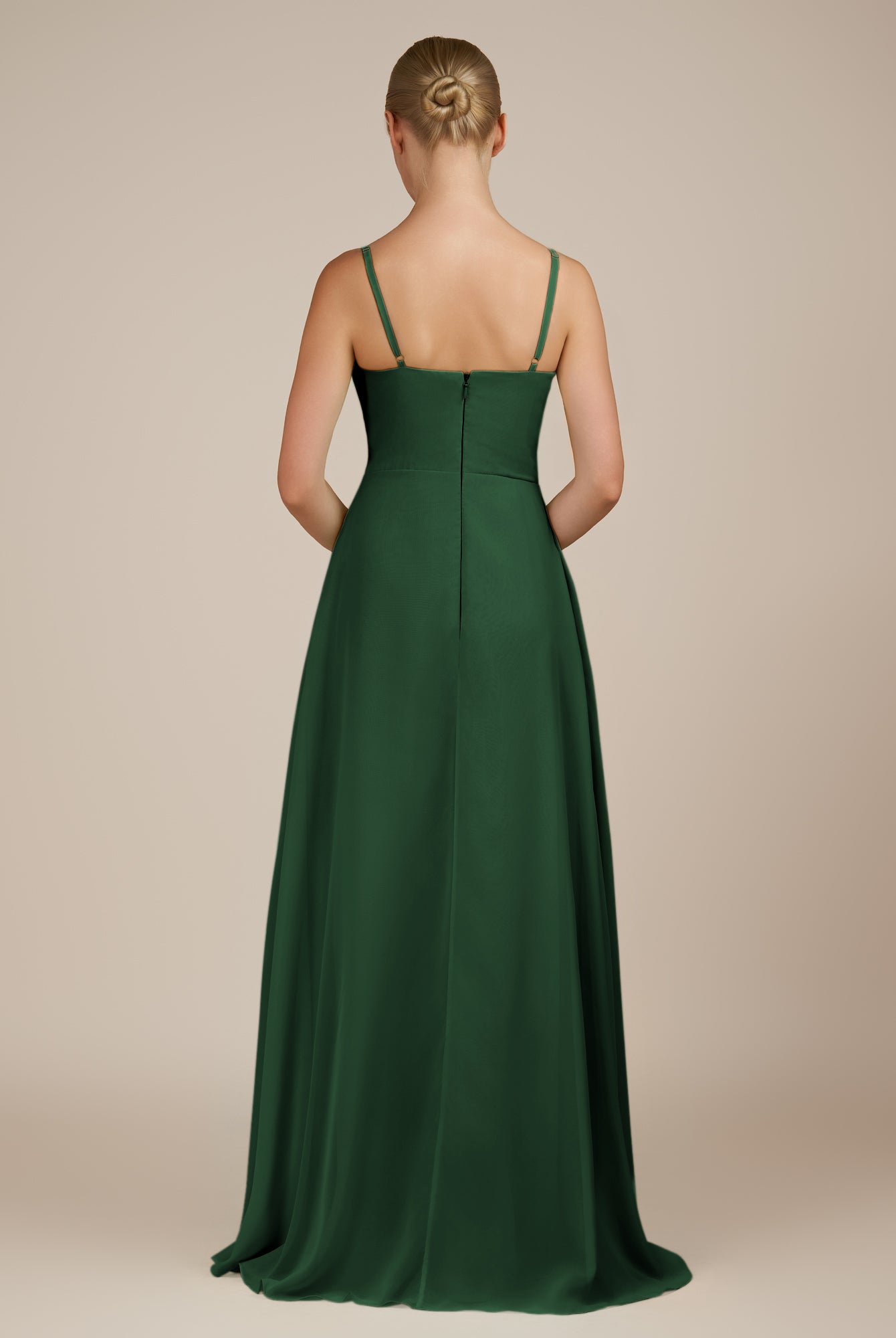 KissDress-Queniva Dark Green Sheath Chiffon Spaghetti Straps Ruffles Long Bridesmaid Dress with Slit