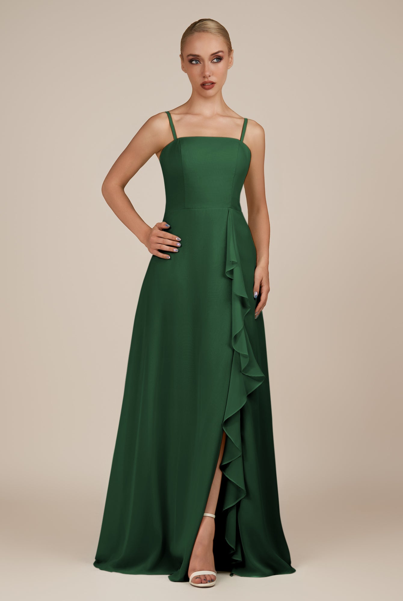KissDress-Queniva Dark Green Sheath Chiffon Spaghetti Straps Ruffles Long Bridesmaid Dress with Slit