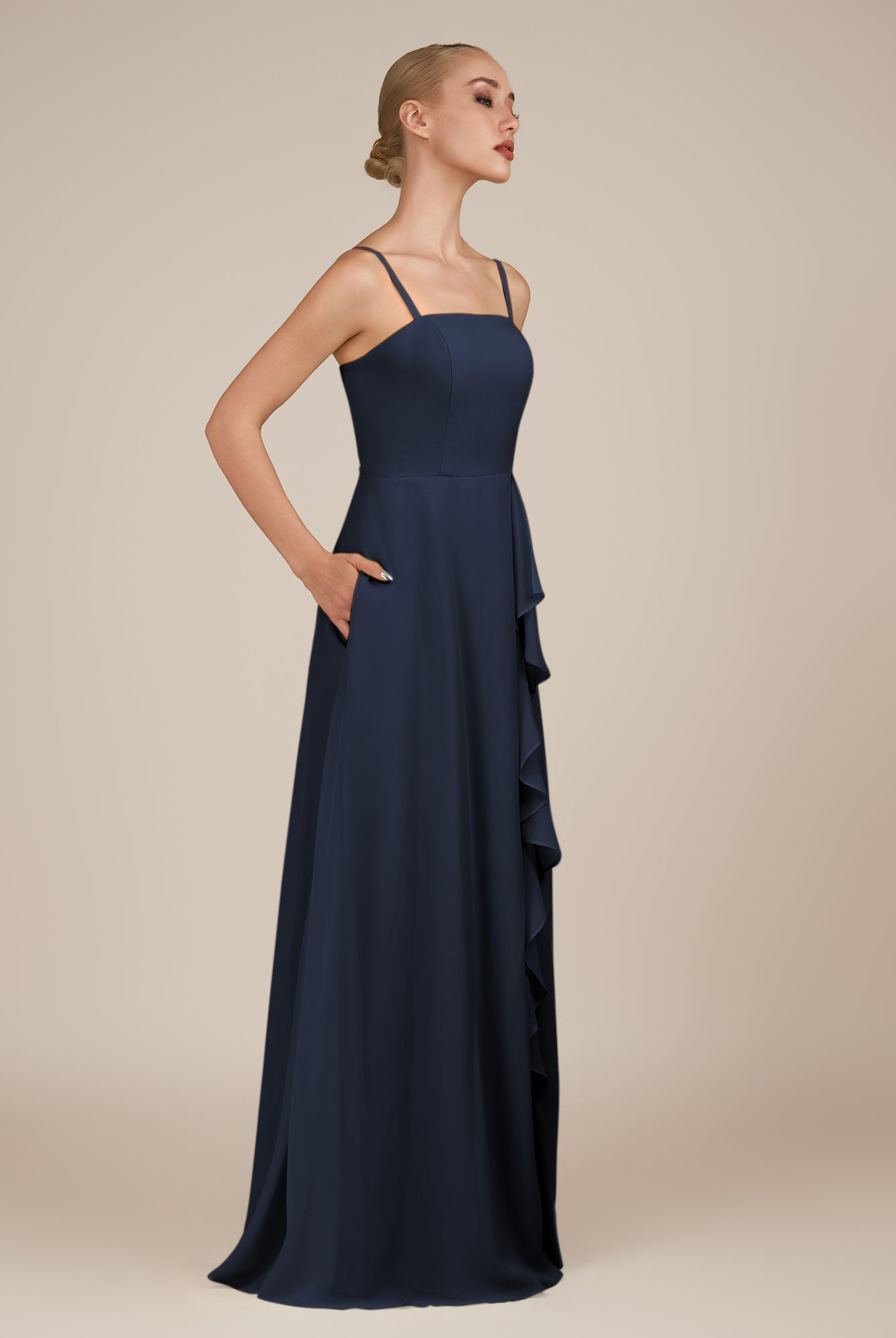KissDress-Queniva Dark Navy Sheath Chiffon Spaghetti Straps Ruffles Long Bridesmaid Dress with Slit