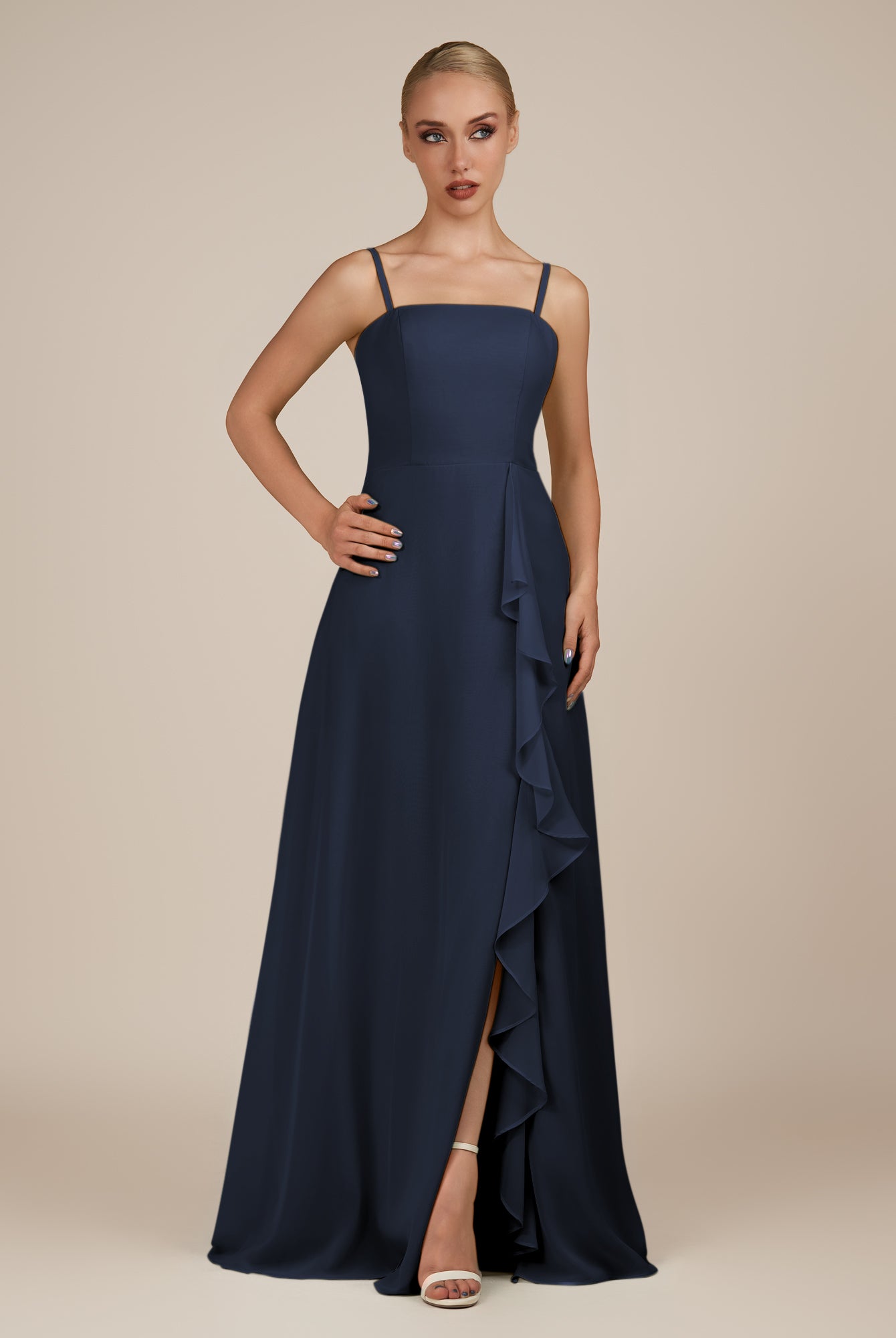 KissDress-Queniva Dark Navy Sheath Chiffon Spaghetti Straps Ruffles Long Bridesmaid Dress with Slit