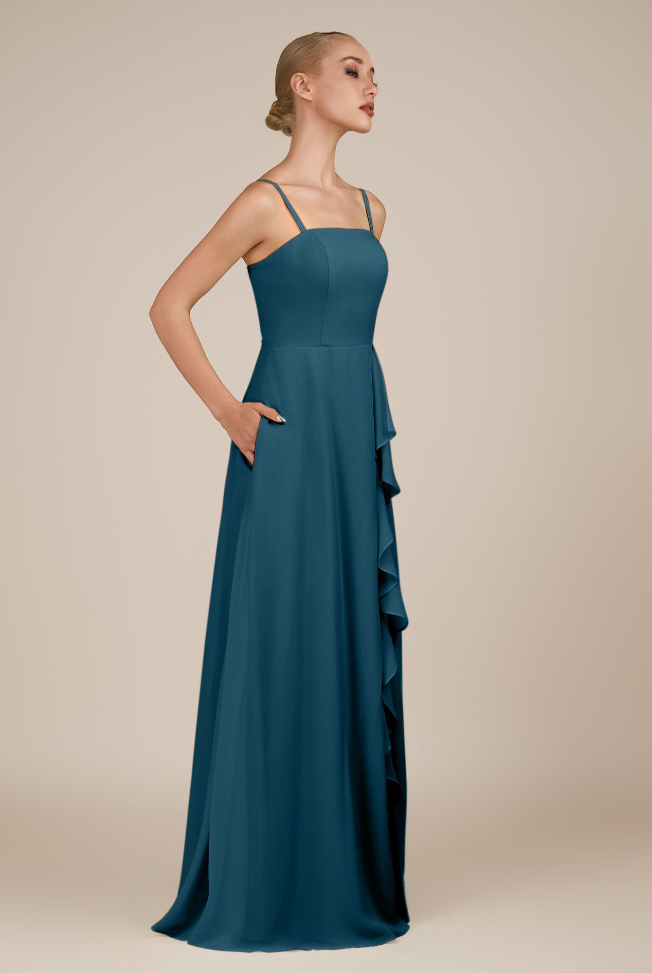 KissDress-Queniva Dark Teal Sheath Chiffon Spaghetti Straps Ruffles Long Bridesmaid Dress with Slit