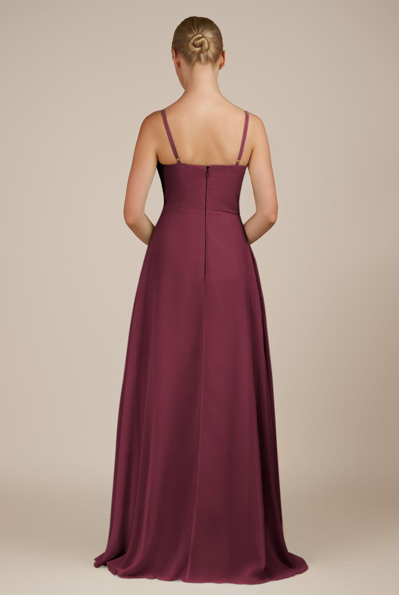 KissDress-Queniva Desert Rose Sheath Chiffon Spaghetti Straps Ruffles Long Bridesmaid Dress with Slit