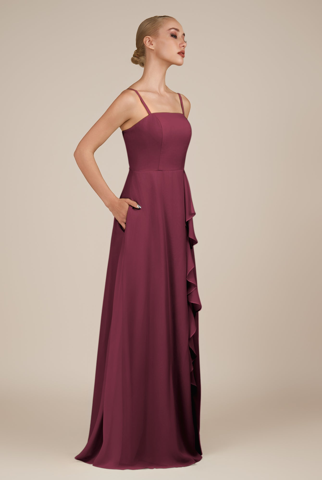 KissDress-Queniva Desert Rose Sheath Chiffon Spaghetti Straps Ruffles Long Bridesmaid Dress with Slit