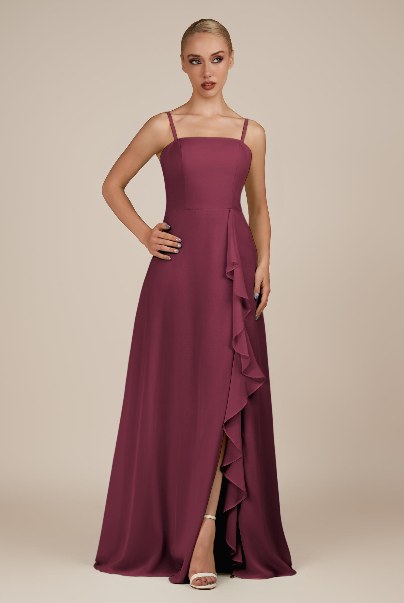 KissDress-Queniva Desert Rose Sheath Chiffon Spaghetti Straps Ruffles Long Bridesmaid Dress with Slit