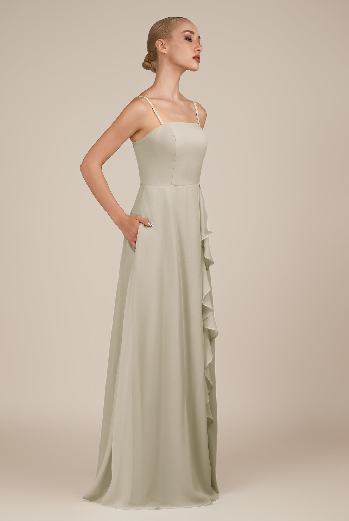KissDress-Queniva Dove Gray Sheath Chiffon Spaghetti Straps Ruffles Long Bridesmaid Dress with Slit