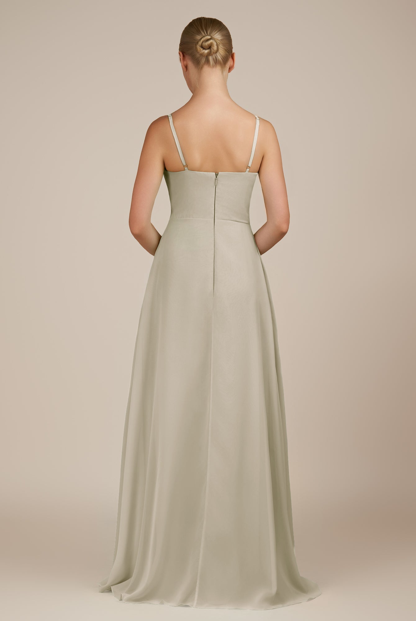 KissDress-Queniva Dove Gray Sheath Chiffon Spaghetti Straps Ruffles Long Bridesmaid Dress with Slit
