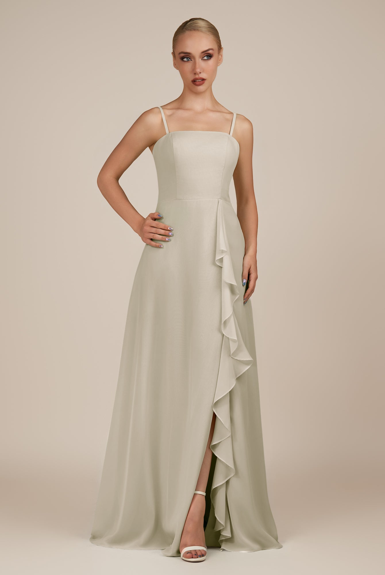 KissDress-Queniva Dove Gray Sheath Chiffon Spaghetti Straps Ruffles Long Bridesmaid Dress with Slit