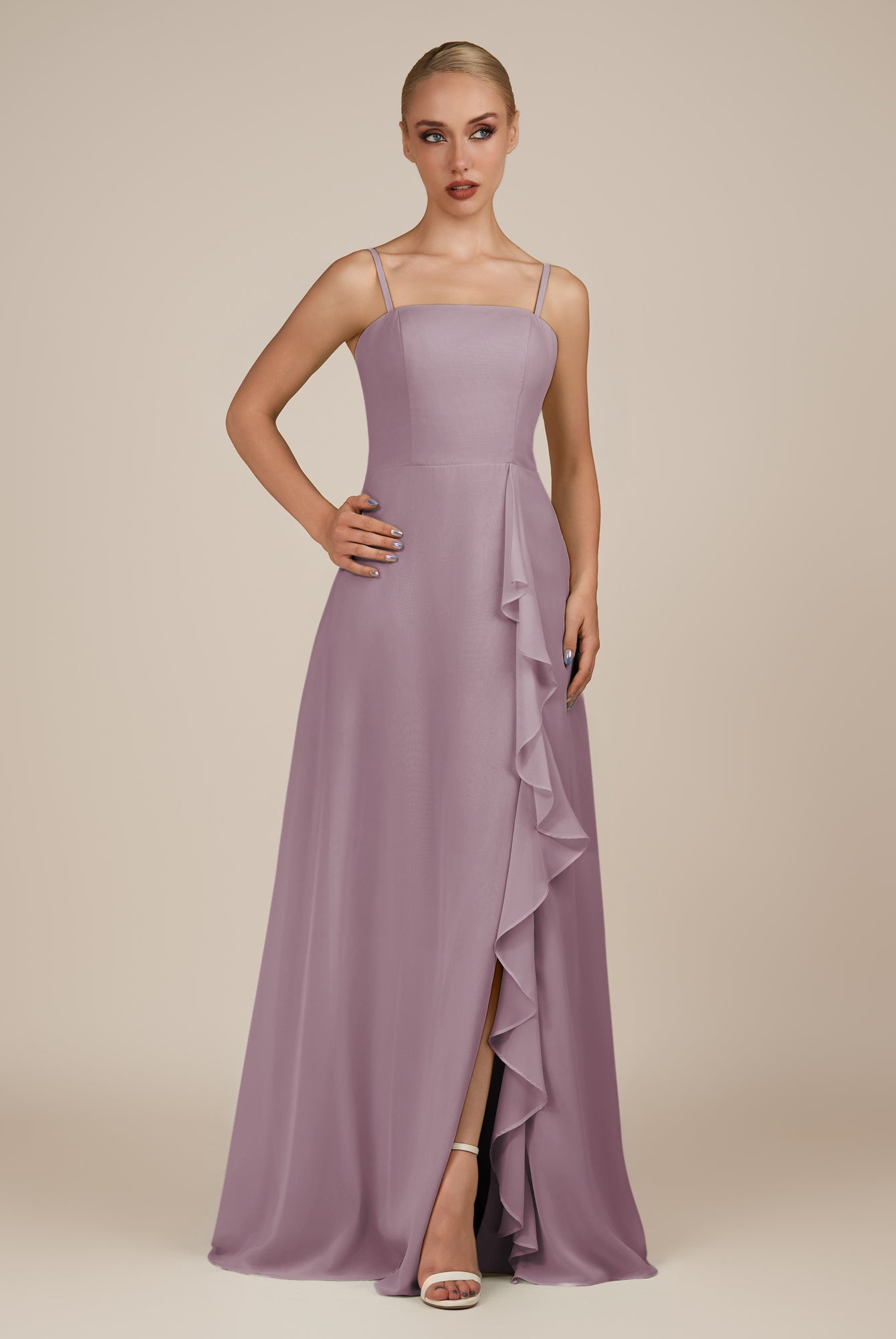 KissDress-Queniva Dusk Sheath Chiffon Spaghetti Straps Ruffles Long Bridesmaid Dress with Slit