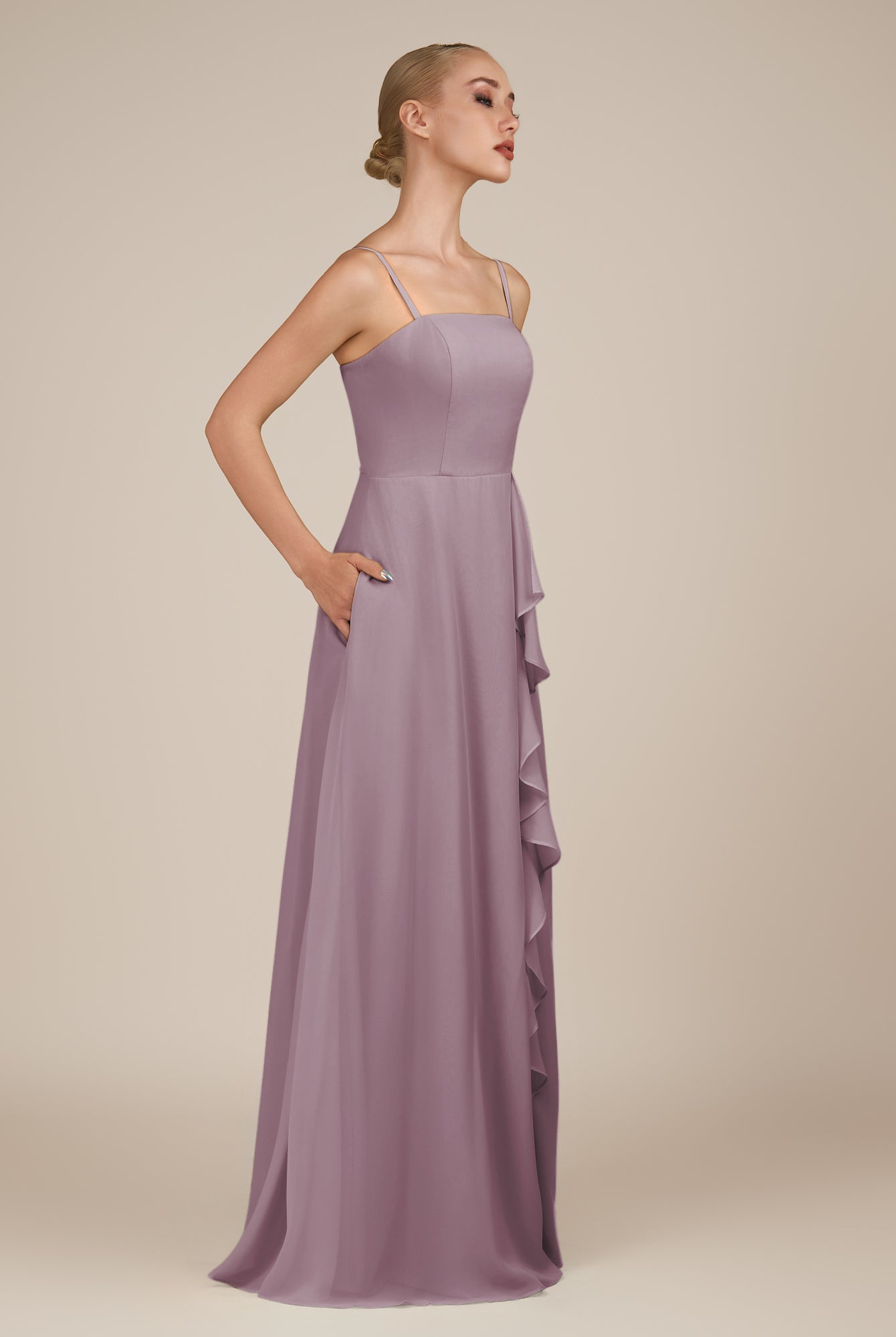 KissDress-Queniva Dusk Sheath Chiffon Spaghetti Straps Ruffles Long Bridesmaid Dress with Slit