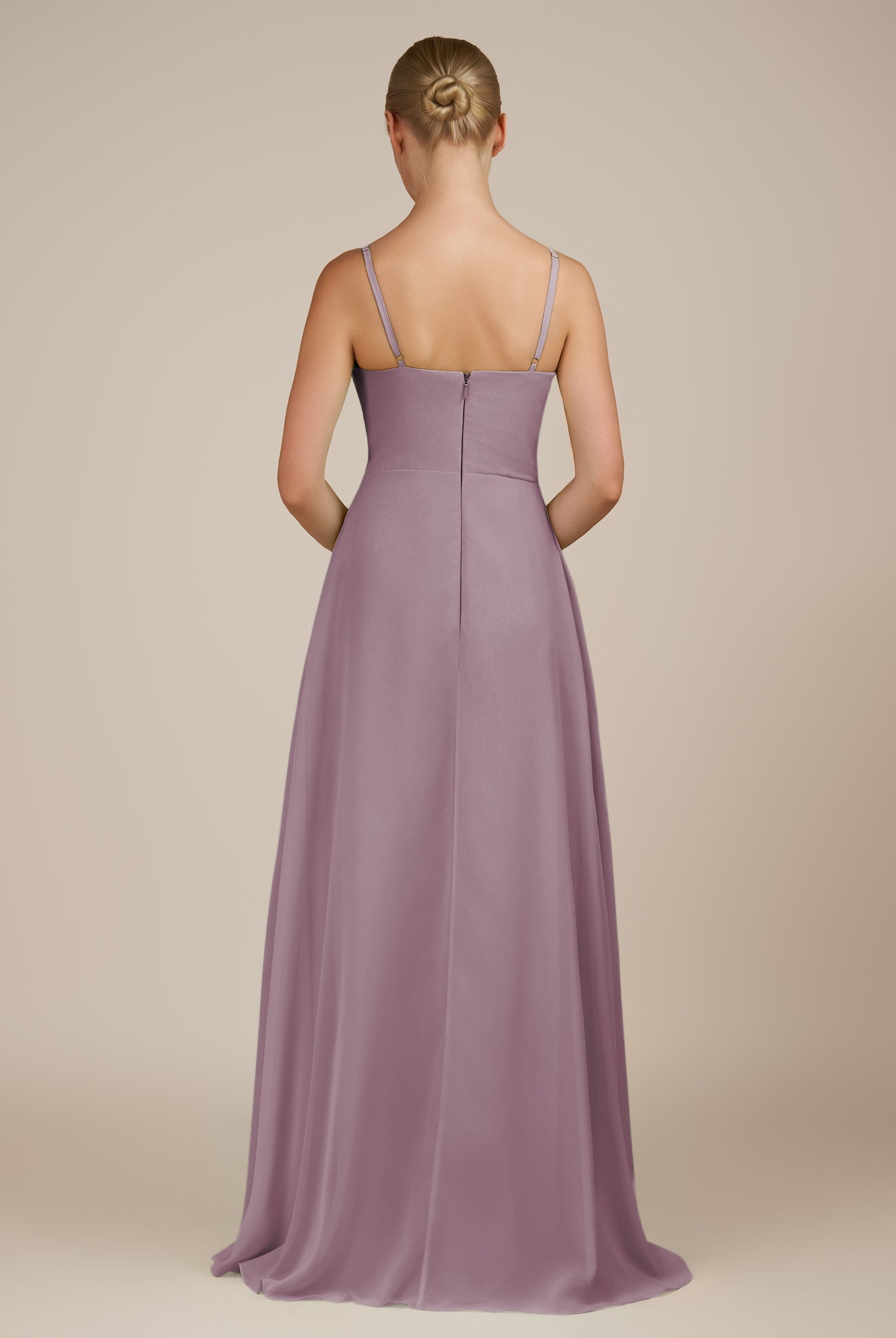 KissDress-Queniva Dusk Sheath Chiffon Spaghetti Straps Ruffles Long Bridesmaid Dress with Slit