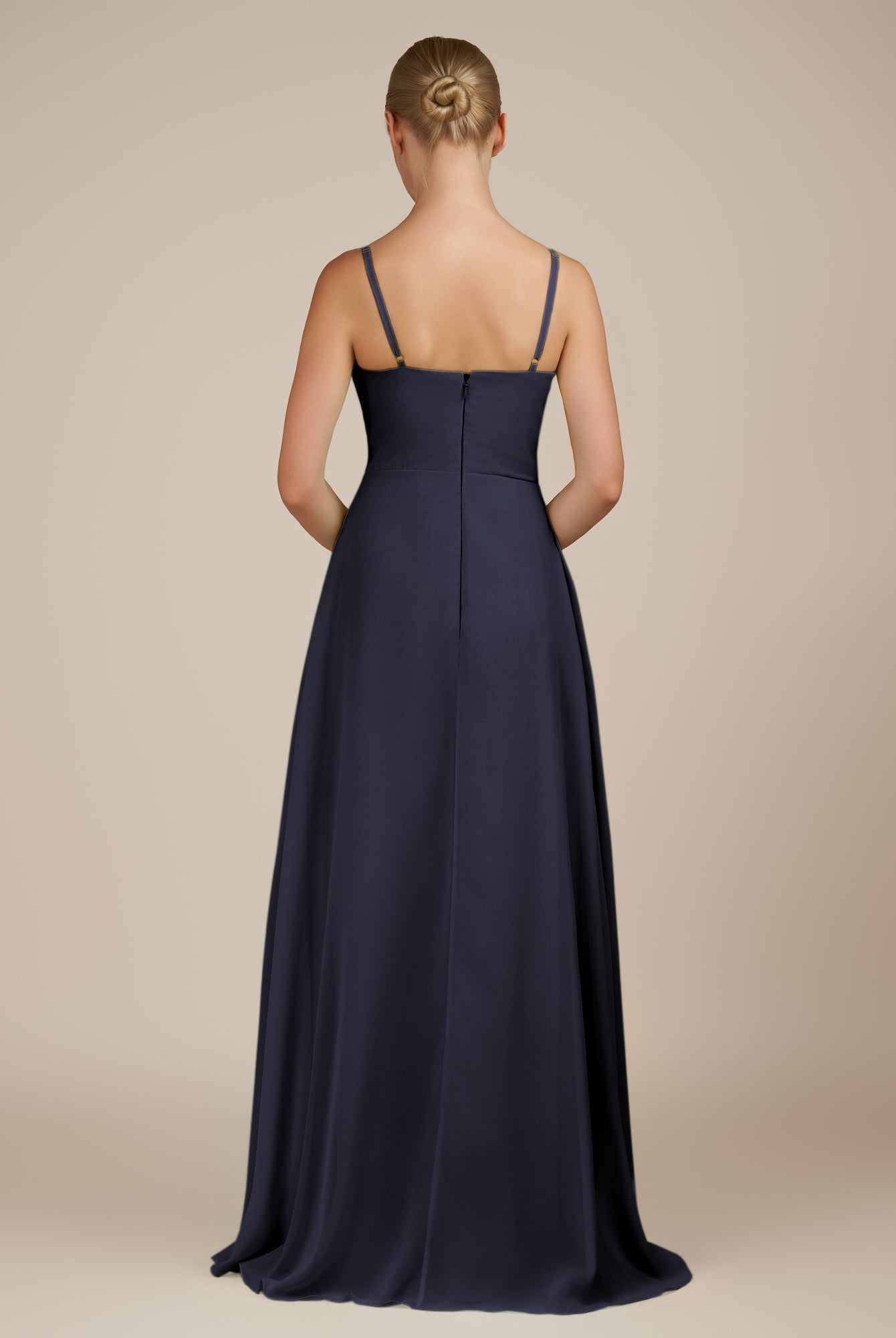 KissDress-Queniva Dusk Blue Sheath Chiffon Spaghetti Straps Ruffles Long Bridesmaid Dress with Slit