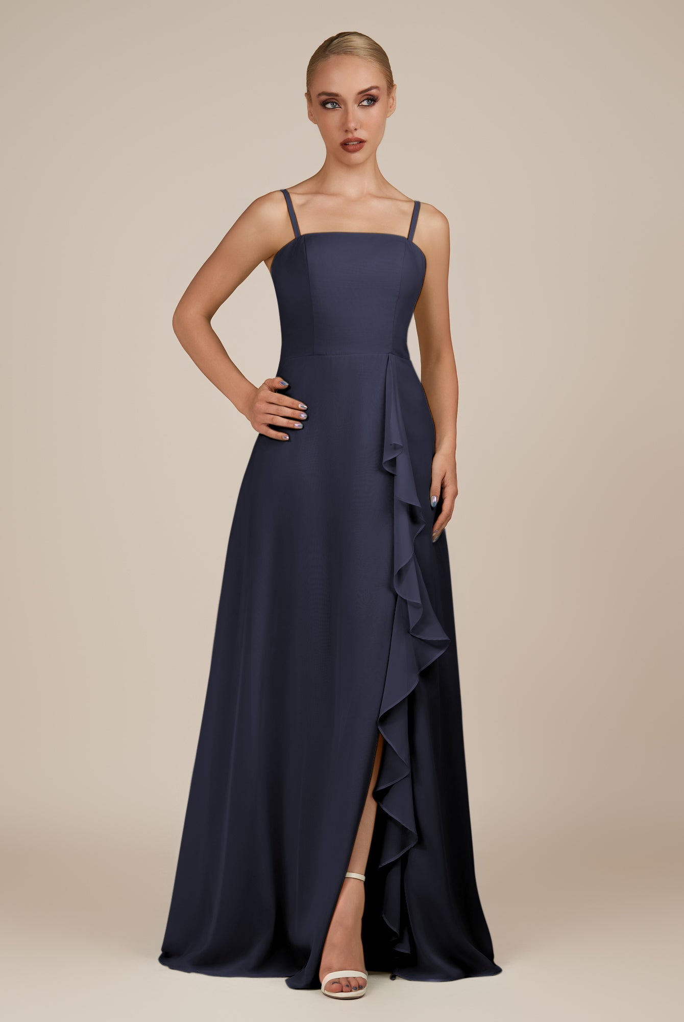 KissDress-Queniva Dusk Blue Sheath Chiffon Spaghetti Straps Ruffles Long Bridesmaid Dress with Slit