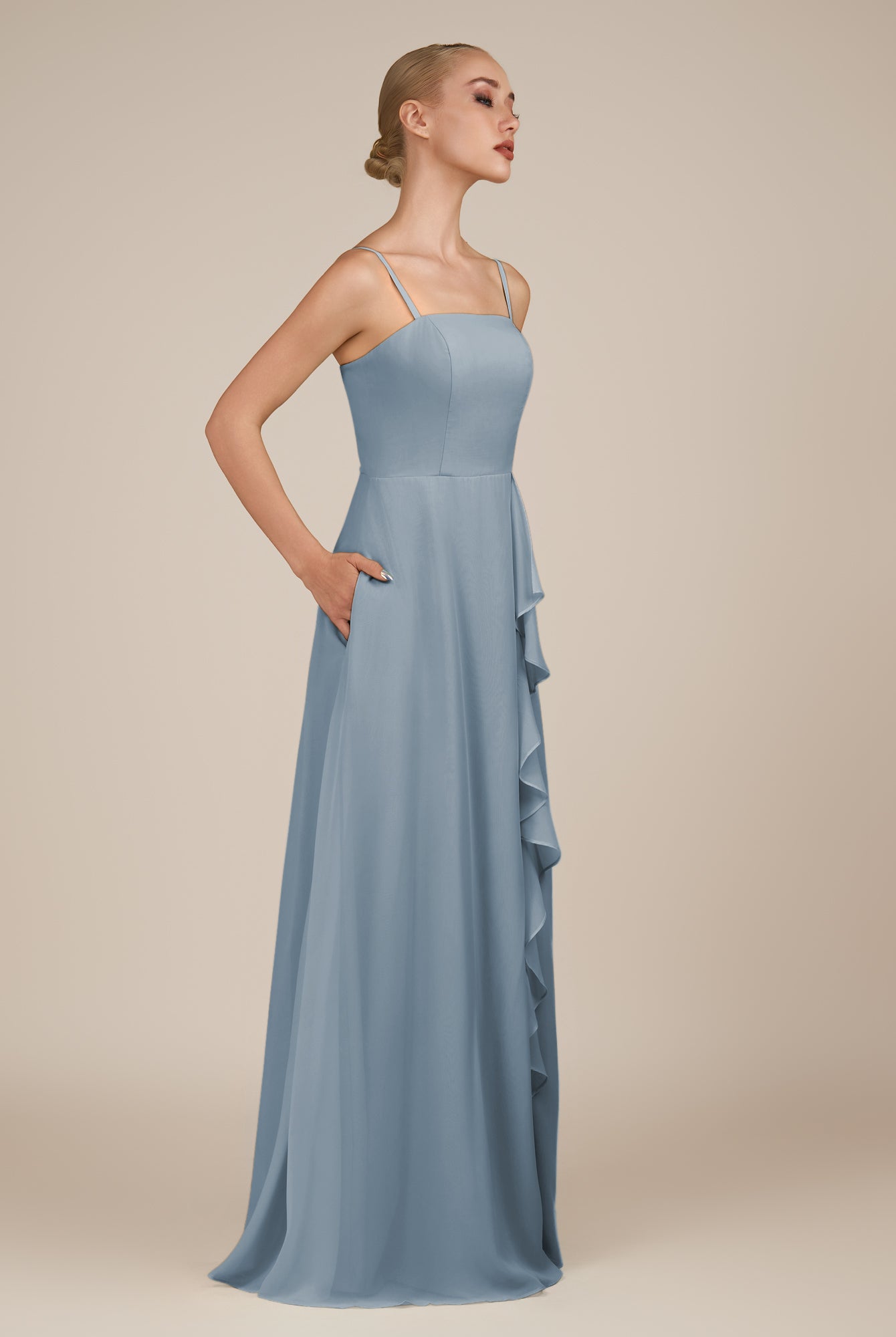 KissDress-Queniva Dusty Blue Sheath Chiffon Spaghetti Straps Ruffles Long Bridesmaid Dress with Slit