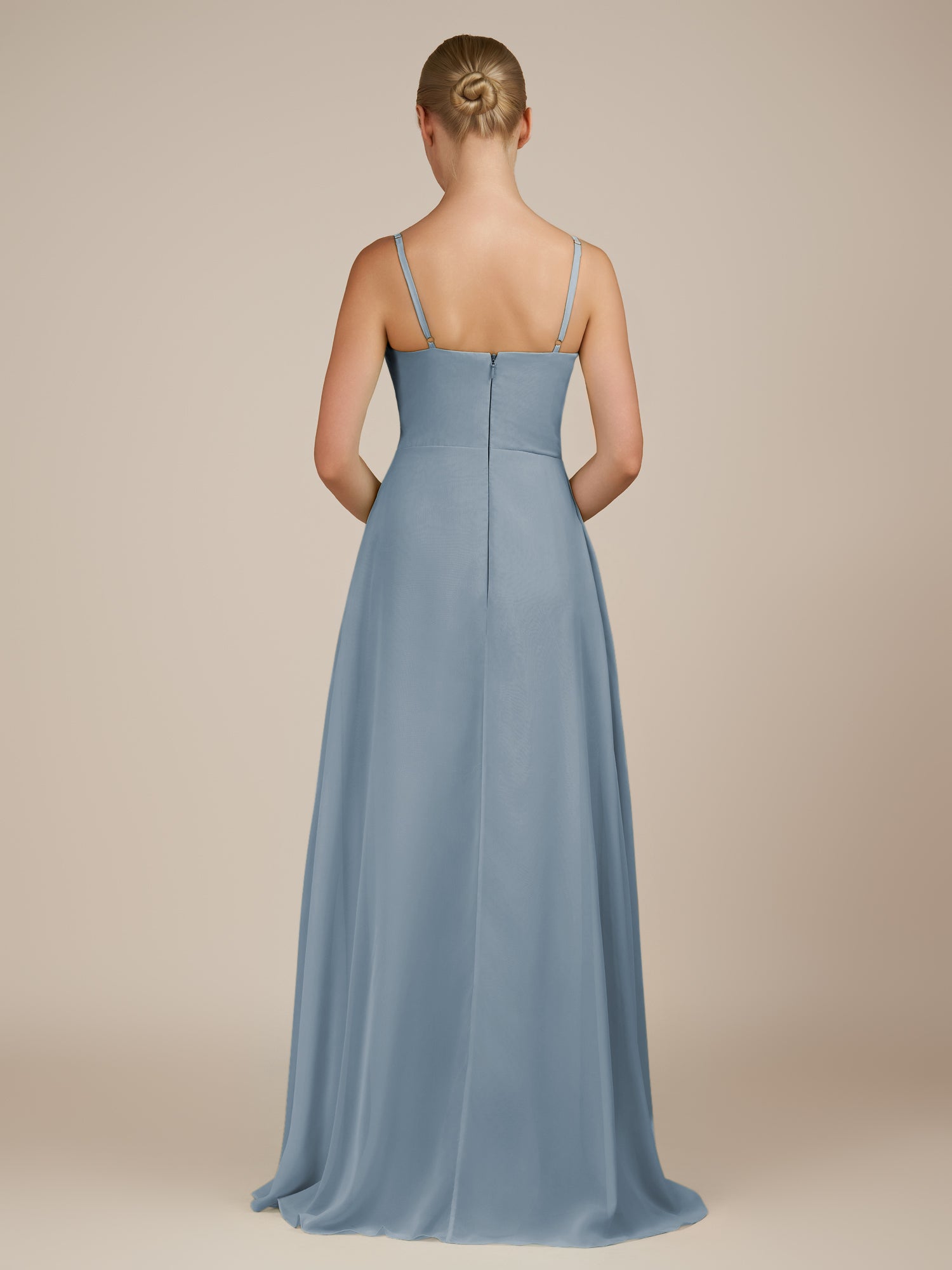 KissDress-Queniva Dusty Blue Sheath Chiffon Spaghetti Straps Ruffles Long Bridesmaid Dress with Slit