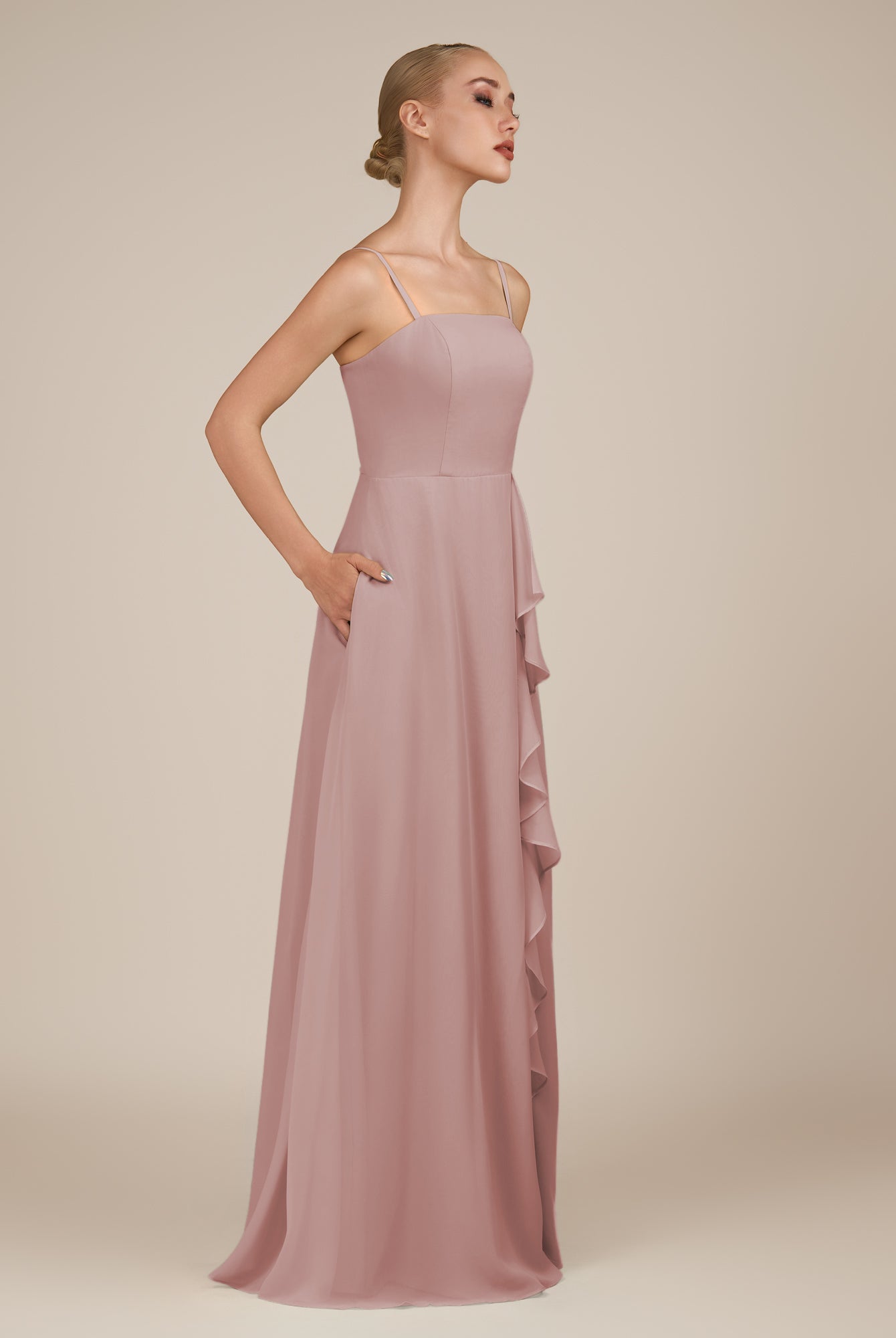 KissDress-Queniva Dusty Rose Sheath Chiffon Spaghetti Straps Ruffles Long Bridesmaid Dress with Slit