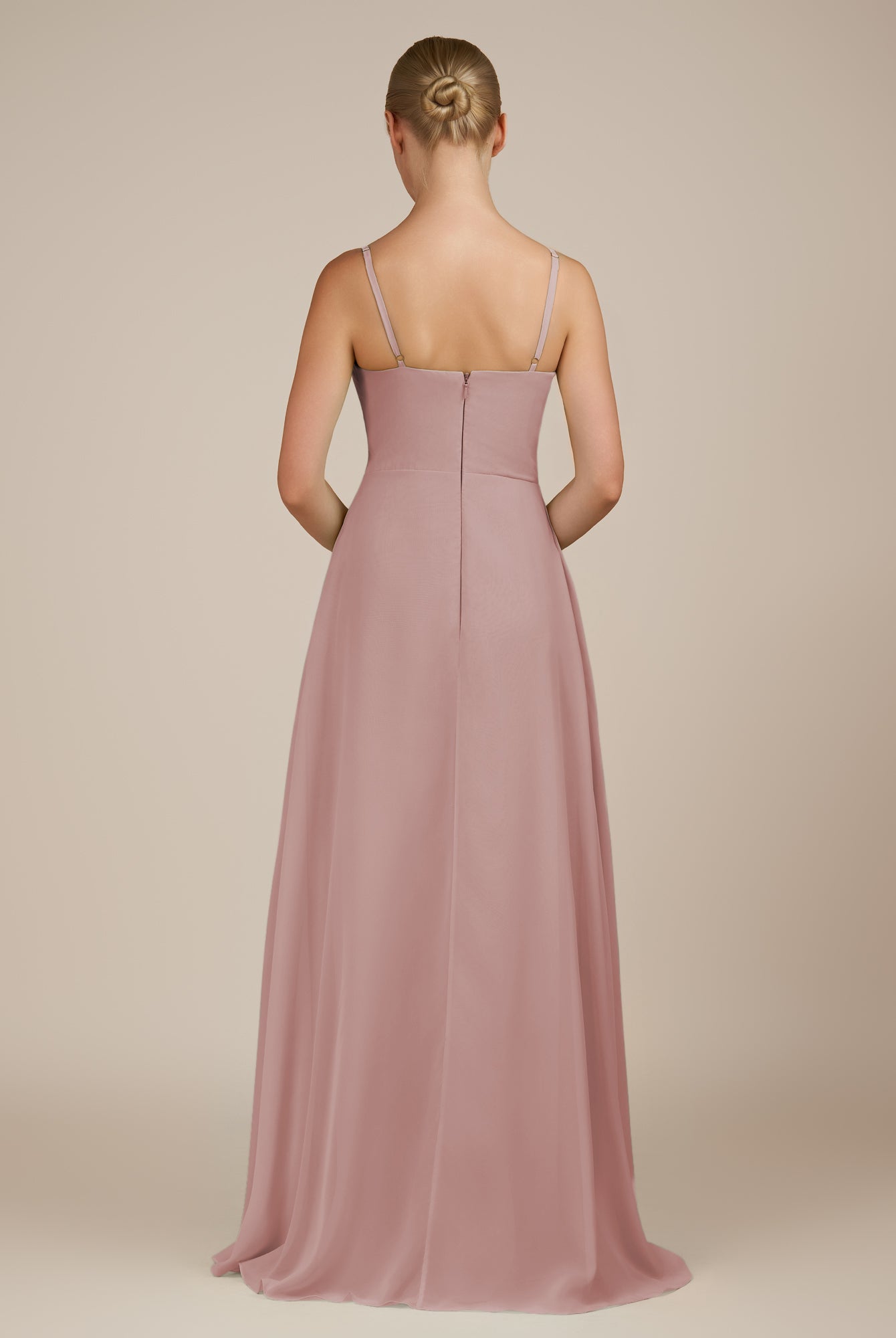 KissDress-Queniva Dusty Rose Sheath Chiffon Spaghetti Straps Ruffles Long Bridesmaid Dress with Slit