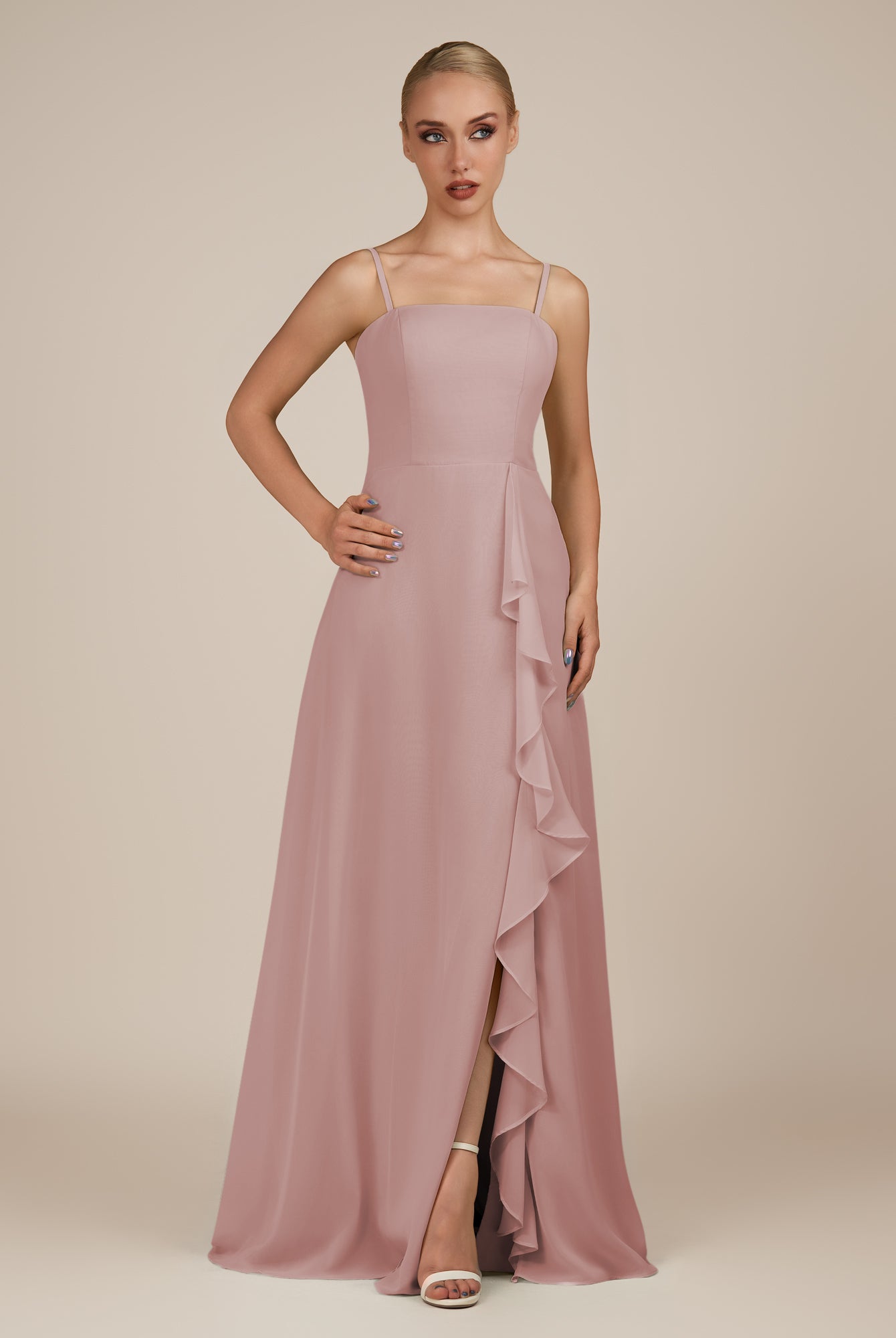 KissDress-Queniva Dusty Rose Sheath Chiffon Spaghetti Straps Ruffles Long Bridesmaid Dress with Slit