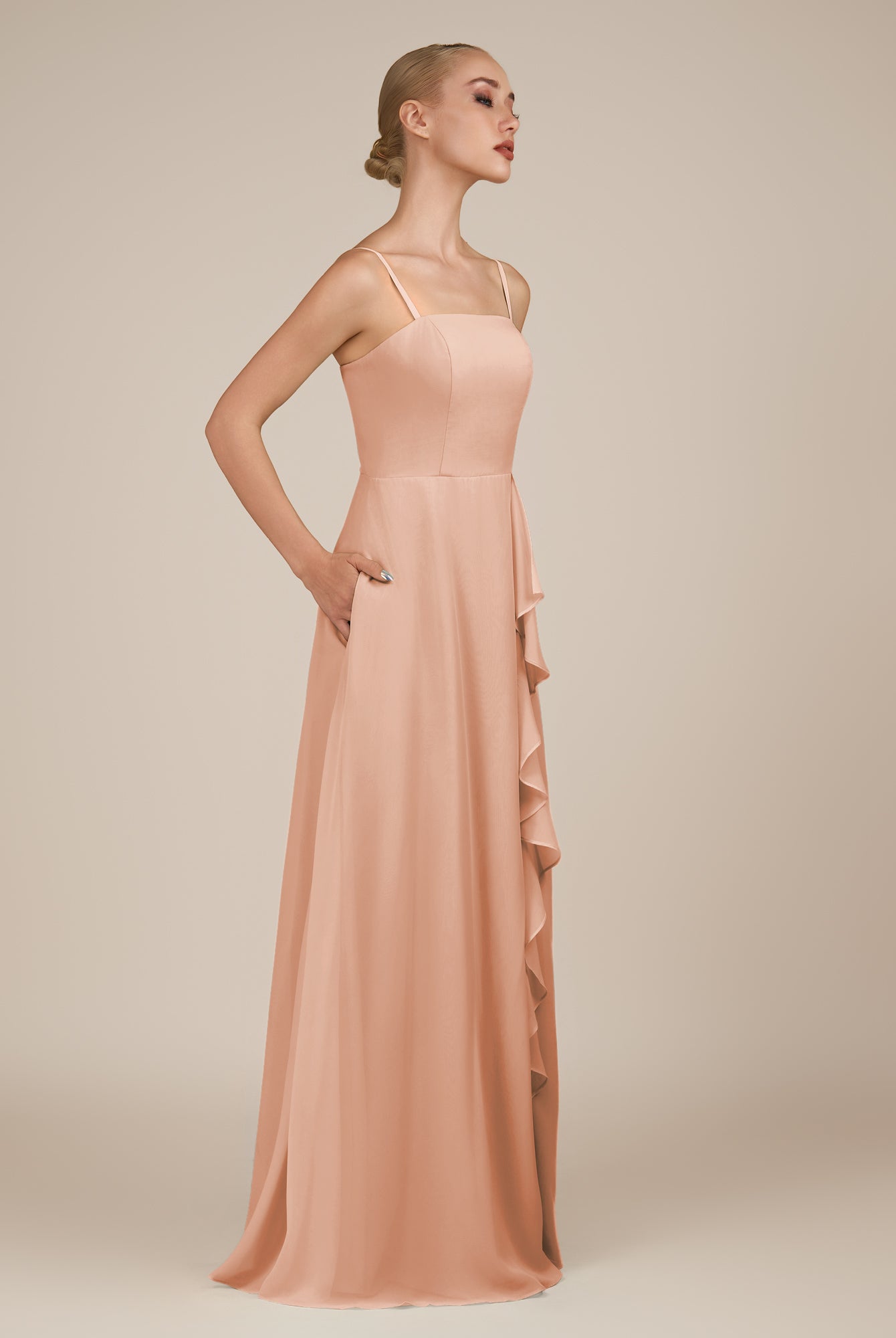 KissDress-Queniva English Rose Sheath Chiffon Spaghetti Straps Ruffles Long Bridesmaid Dress with Slit