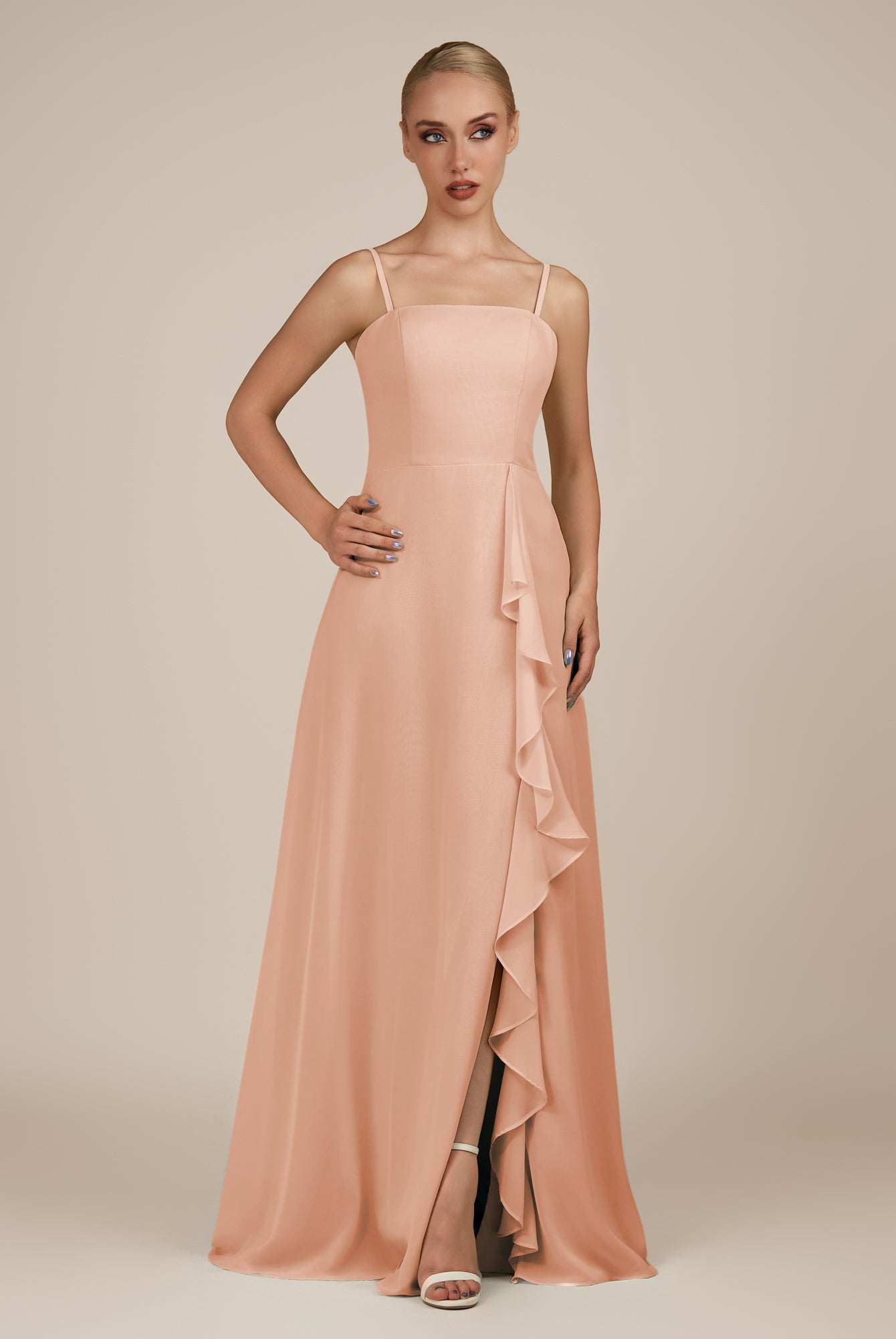 KissDress-Queniva English Rose Sheath Chiffon Spaghetti Straps Ruffles Long Bridesmaid Dress with Slit