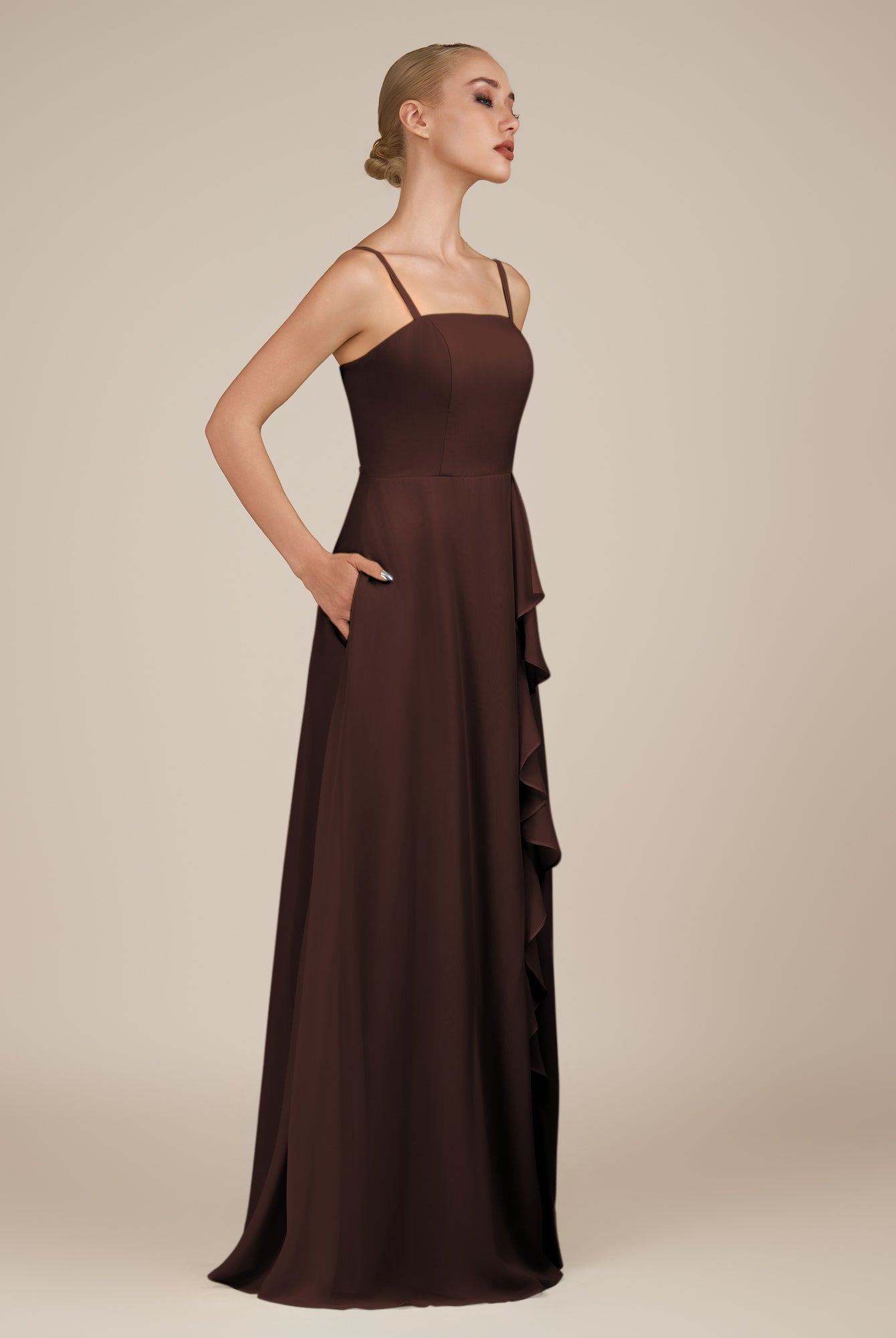 KissDress-Queniva Espresso Sheath Chiffon Spaghetti Straps Ruffles Long Bridesmaid Dress with Slit