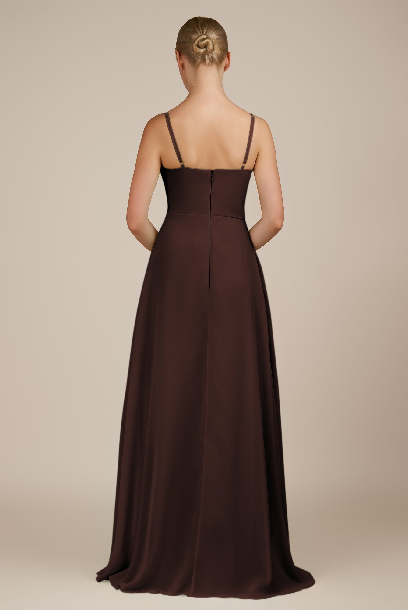 KissDress-Queniva Espresso Sheath Chiffon Spaghetti Straps Ruffles Long Bridesmaid Dress with Slit