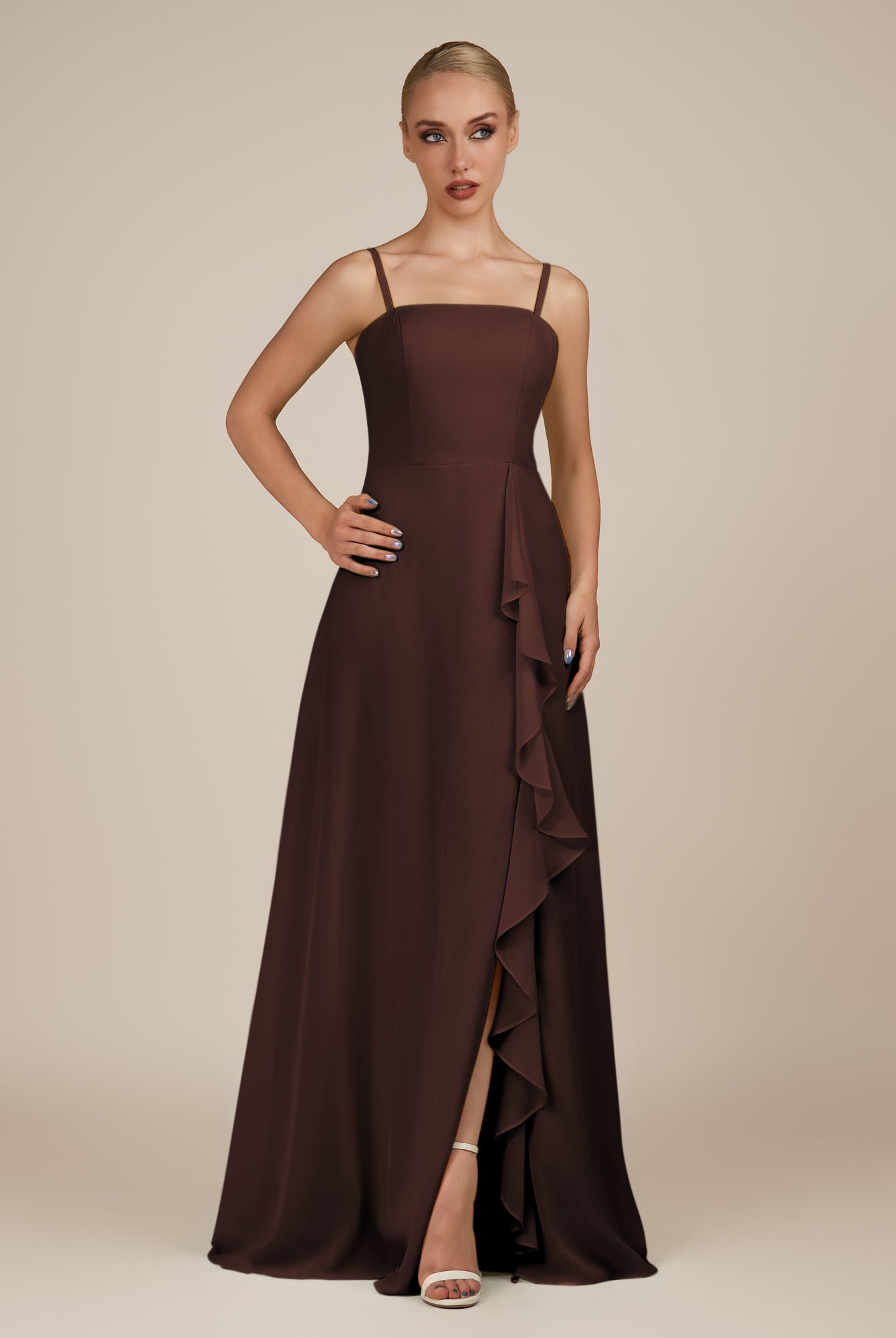 KissDress-Queniva Espresso Sheath Chiffon Spaghetti Straps Ruffles Long Bridesmaid Dress with Slit