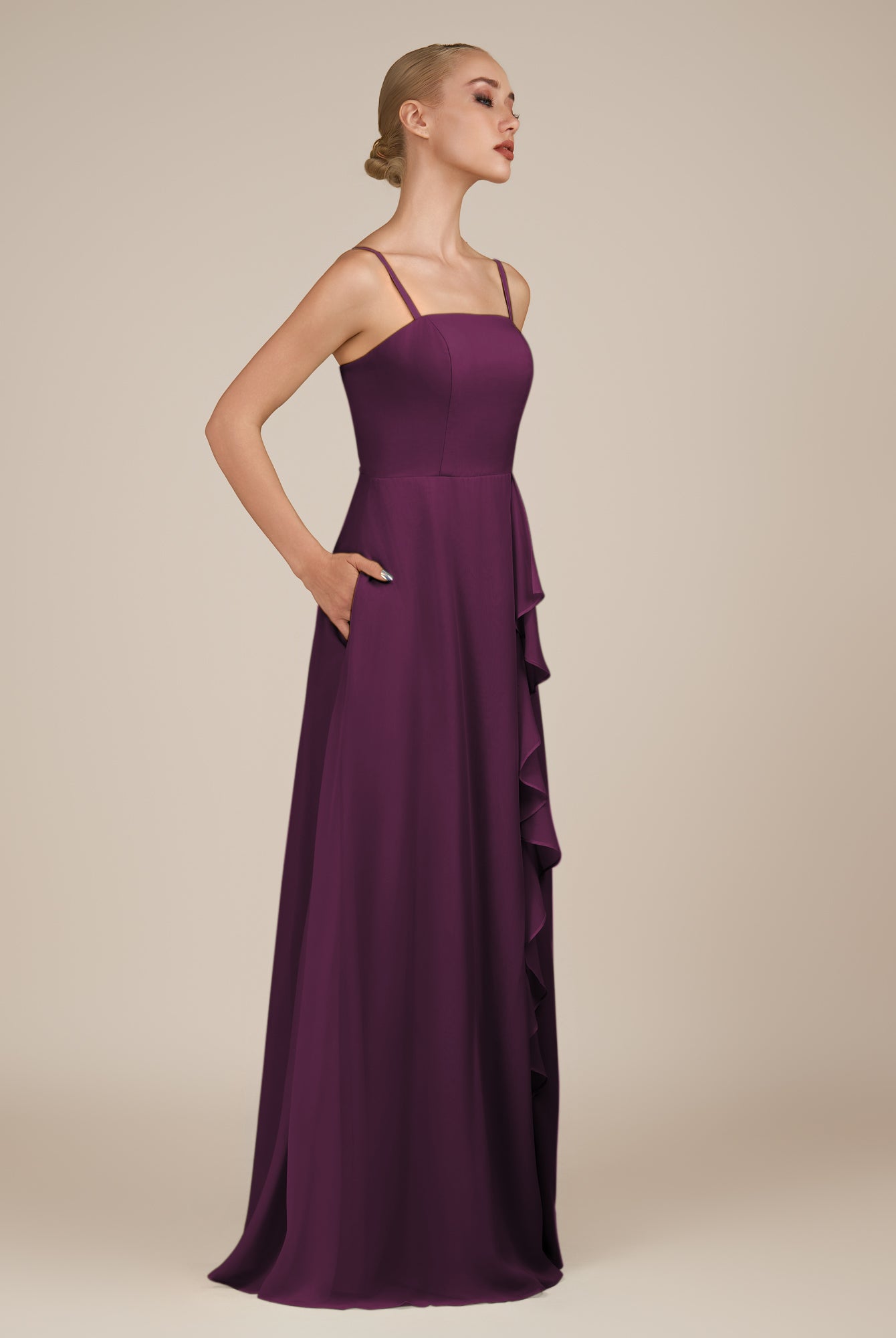 KissDress-Queniva Fig Sheath Chiffon Spaghetti Straps Ruffles Long Bridesmaid Dress with Slit