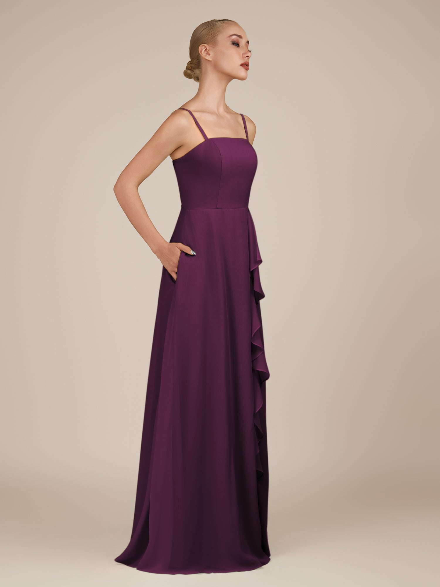 KissDress-Queniva Fig Sheath Chiffon Spaghetti Straps Ruffles Long Bridesmaid Dress with Slit
