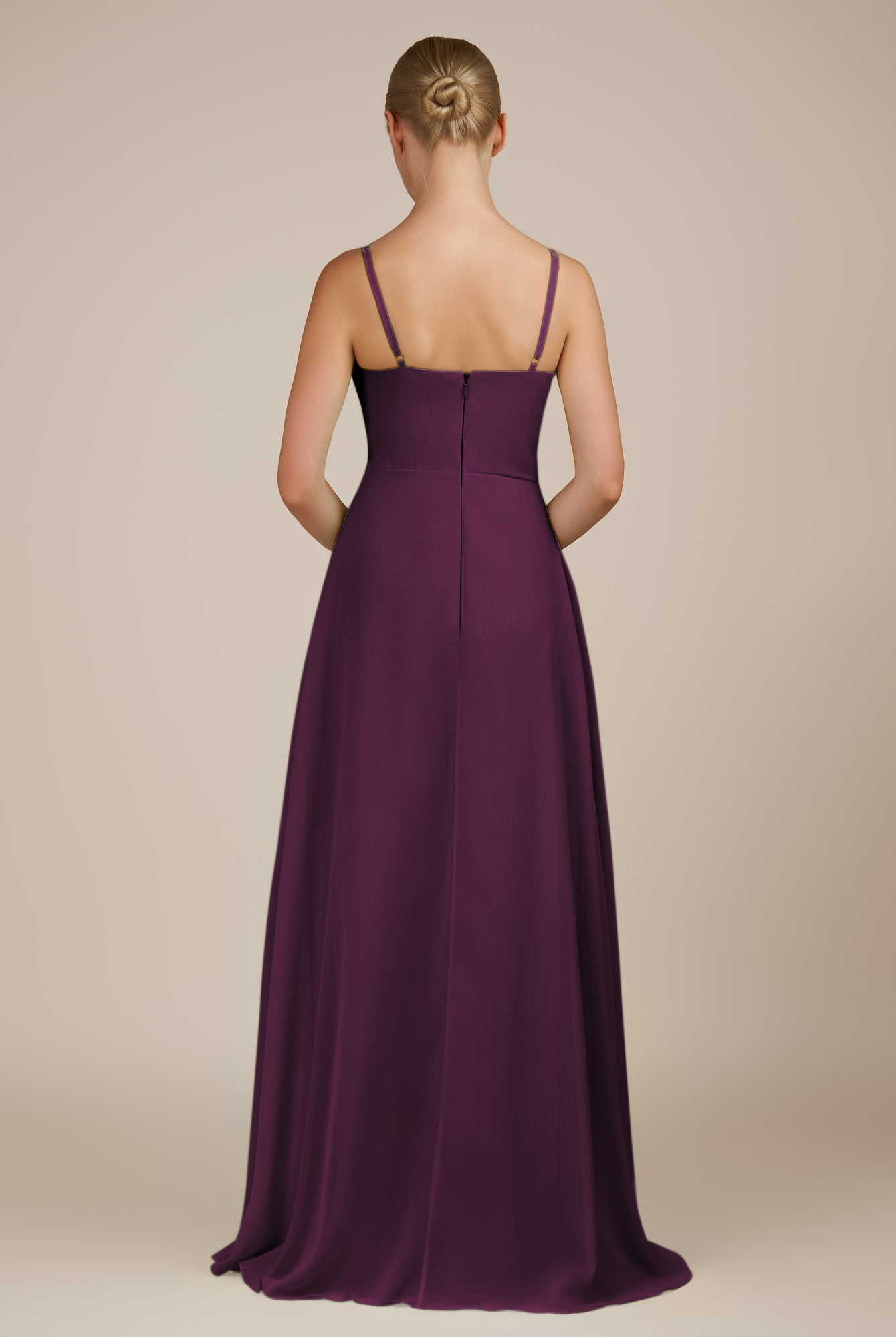 KissDress-Queniva Fig Sheath Chiffon Spaghetti Straps Ruffles Long Bridesmaid Dress with Slit