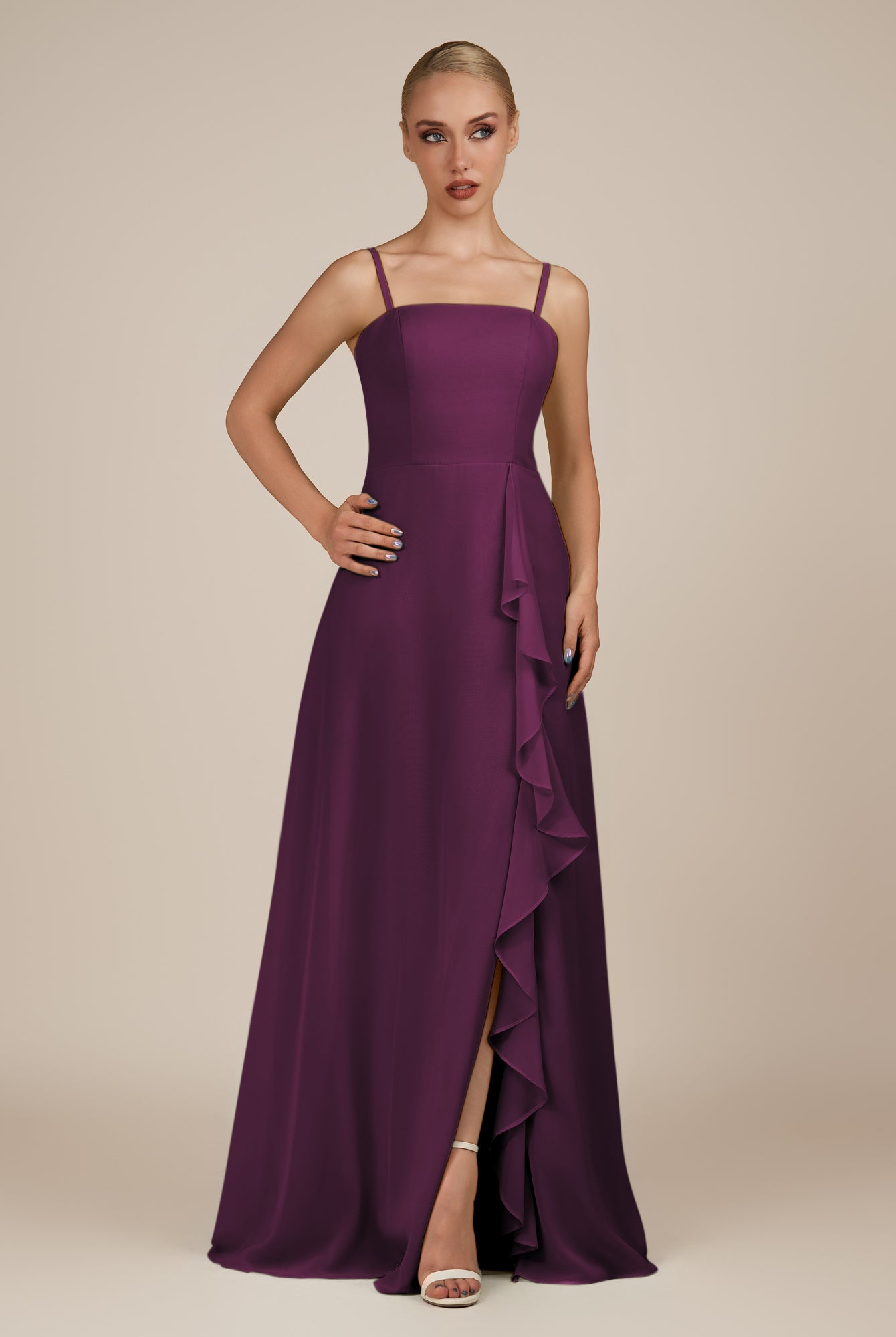 KissDress-Queniva Fig Sheath Chiffon Spaghetti Straps Ruffles Long Bridesmaid Dress with Slit