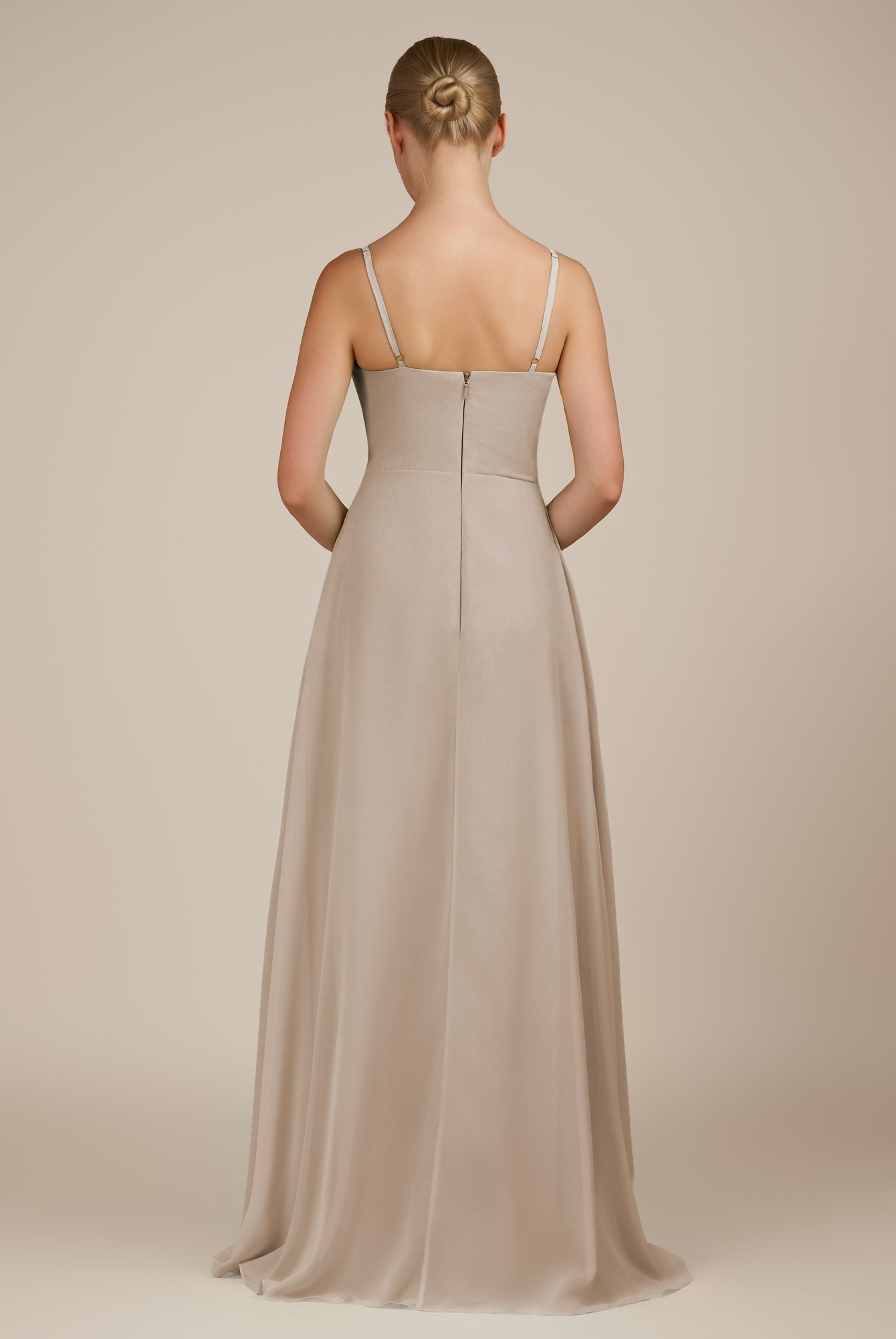 KissDress-Queniva Frost Sheath Chiffon Spaghetti Straps Ruffles Long Bridesmaid Dress with Slit