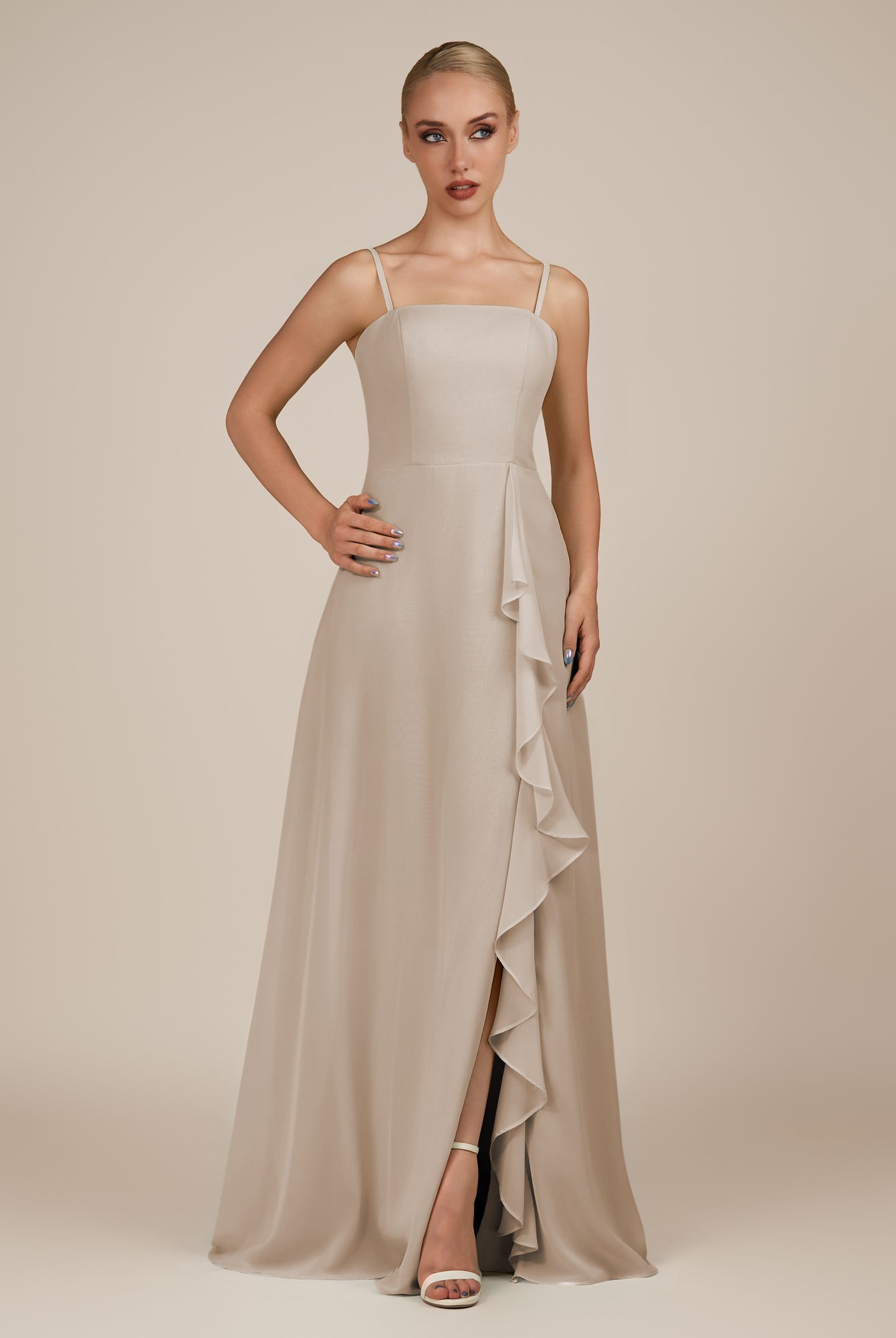 KissDress-Queniva Frost Sheath Chiffon Spaghetti Straps Ruffles Long Bridesmaid Dress with Slit