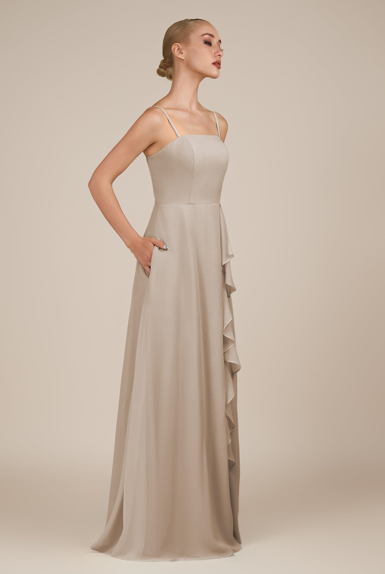 KissDress-Queniva Frost Sheath Chiffon Spaghetti Straps Ruffles Long Bridesmaid Dress with Slit